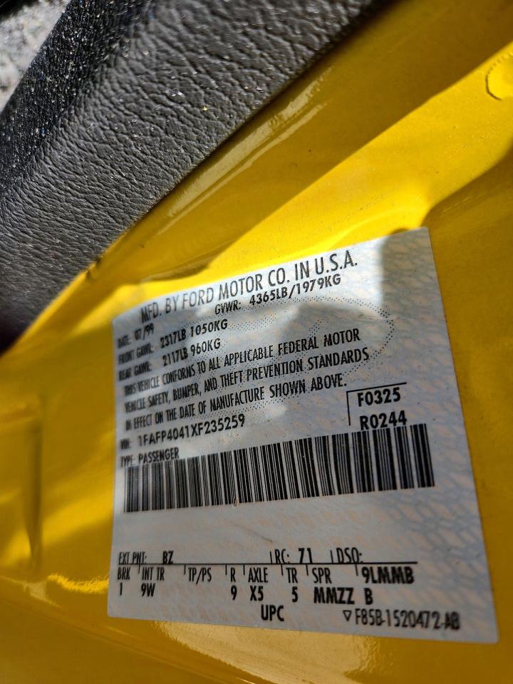1999 Ford Mustang Yellow vin: 1FAFP4041XF235259