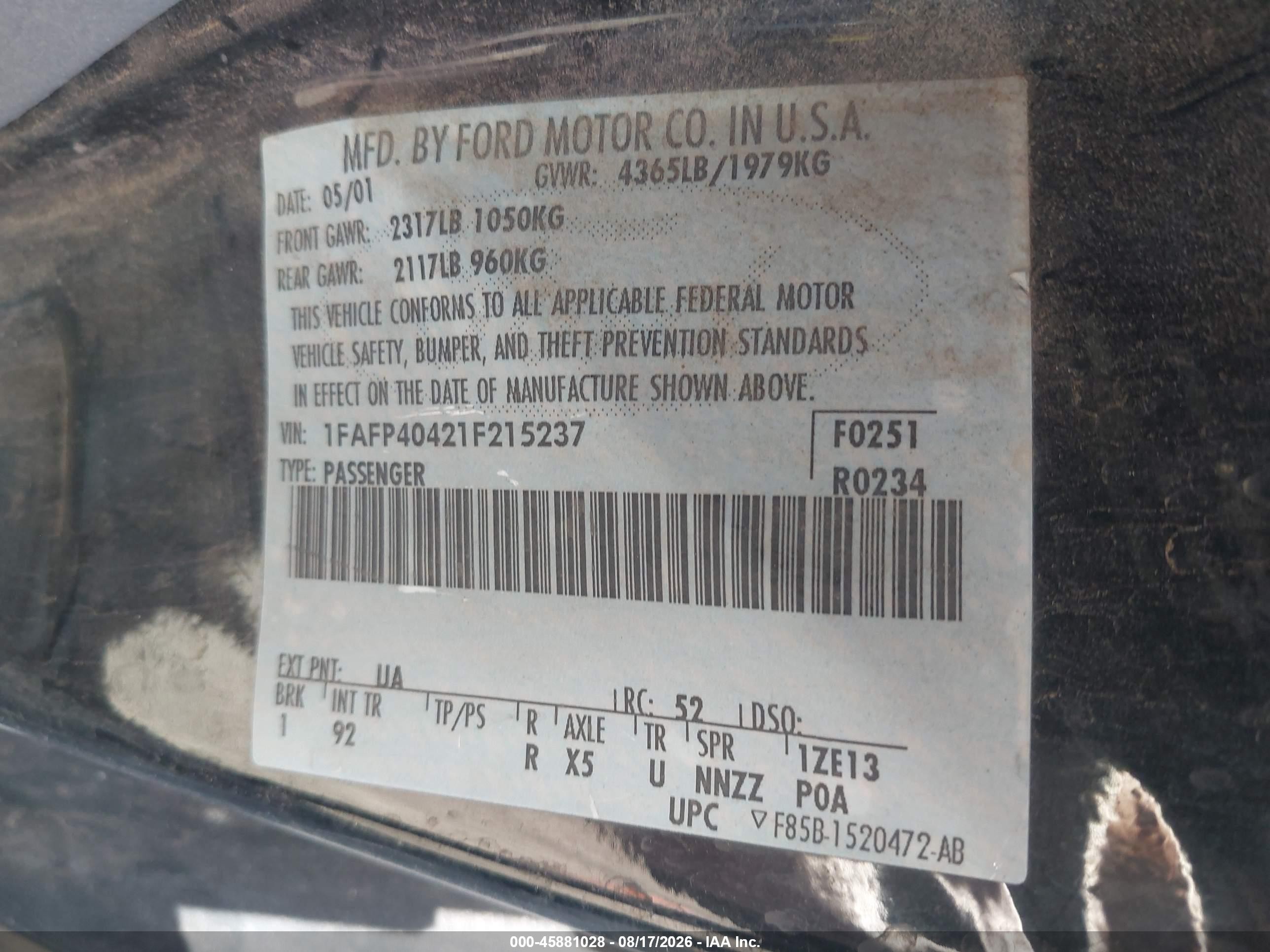 2001 Ford Mustang   Черный vin: 1FAFP40421F215237