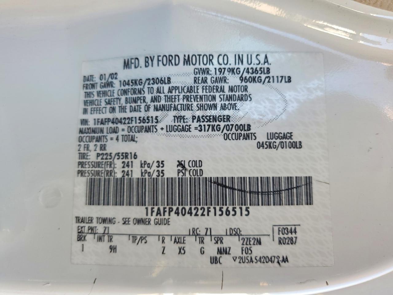 2002 Ford Mustang White vin: 1FAFP40422F156515