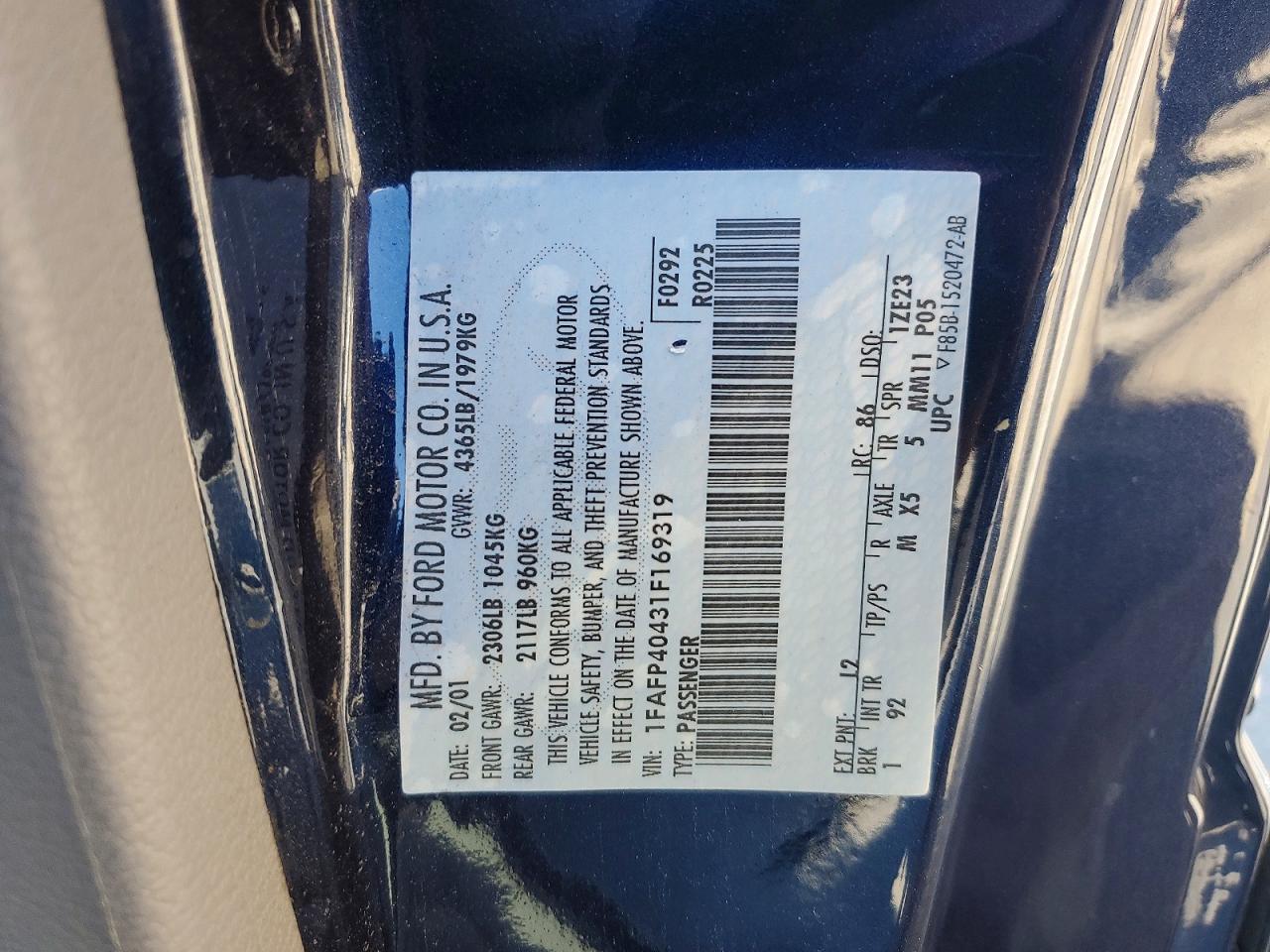 2001 Ford Mustang Blue vin: 1FAFP40431F169319