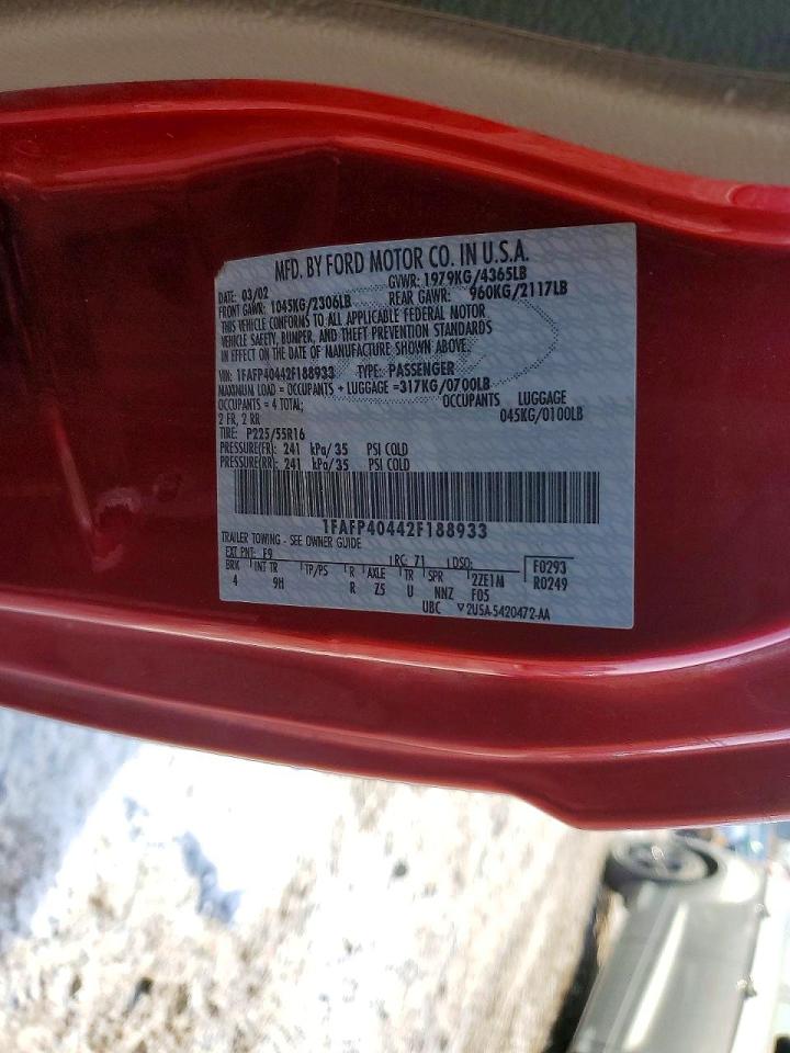 2002 Ford Mustang Red vin: 1FAFP40442F188933