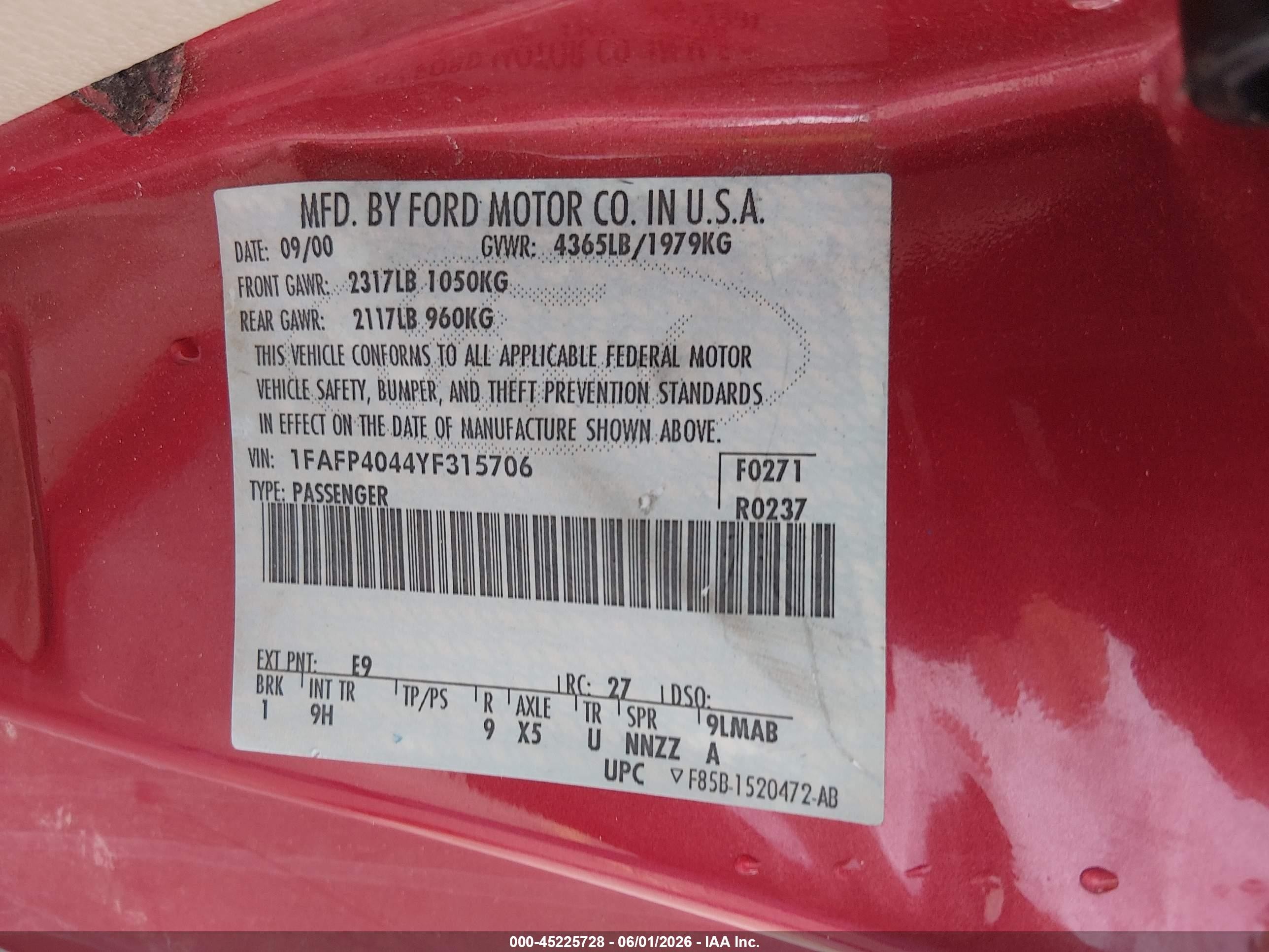 2000 Ford Mustang Red vin: 1FAFP4044YF315706