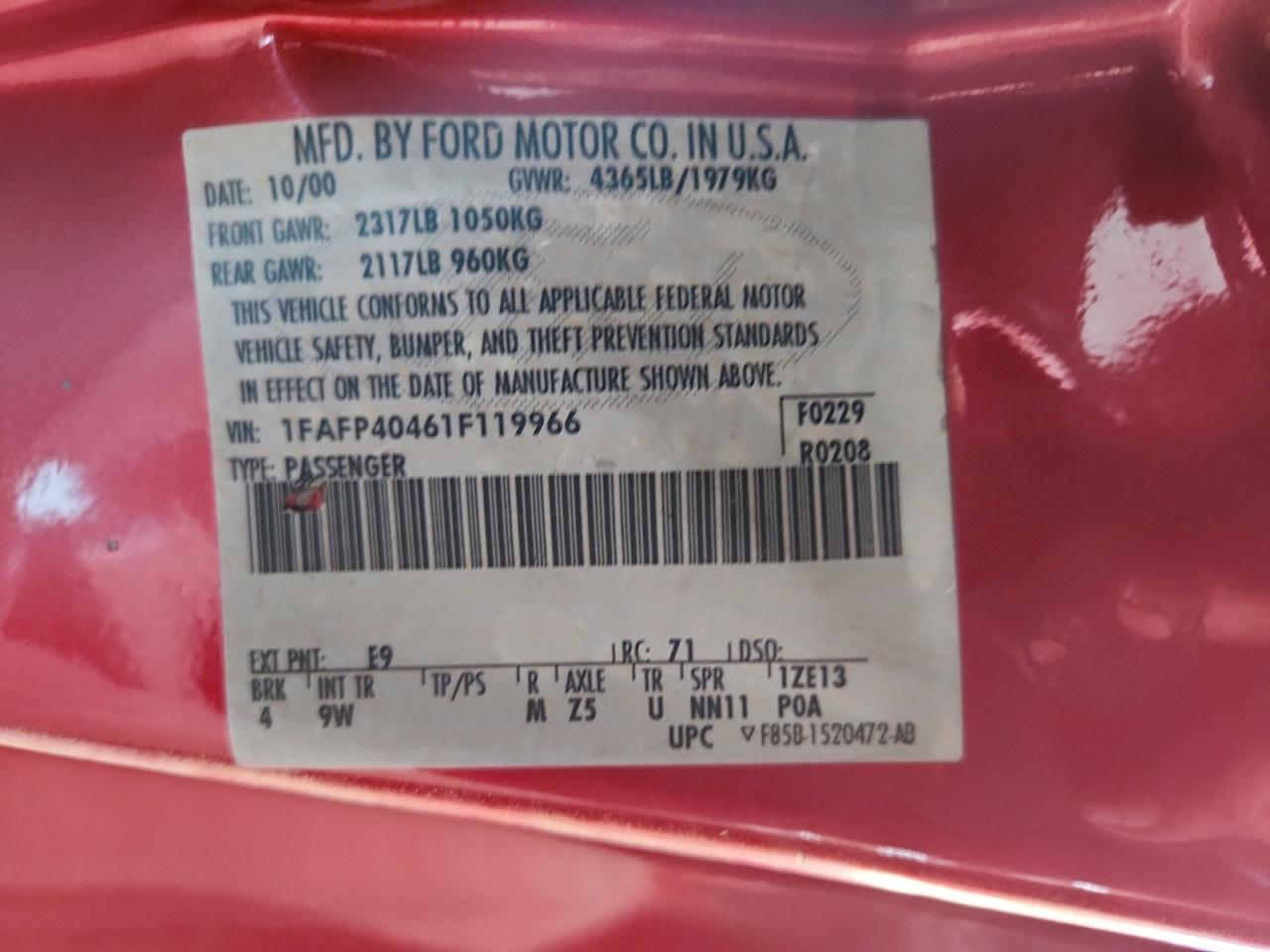 2001 Ford Mustang Maroon vin: 1FAFP40461F119966