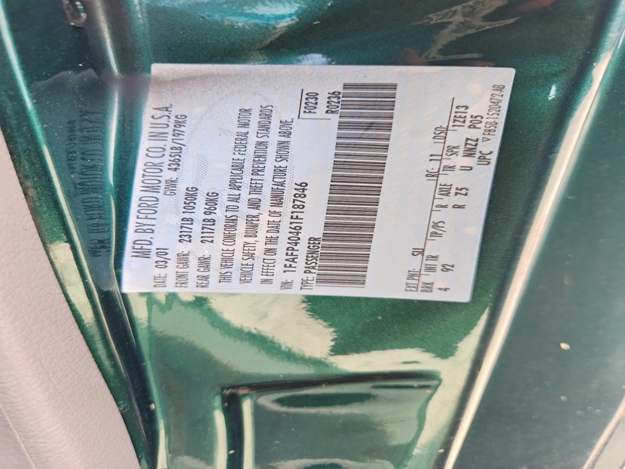 2001 Ford Mustang Green vin: 1FAFP40461F187846