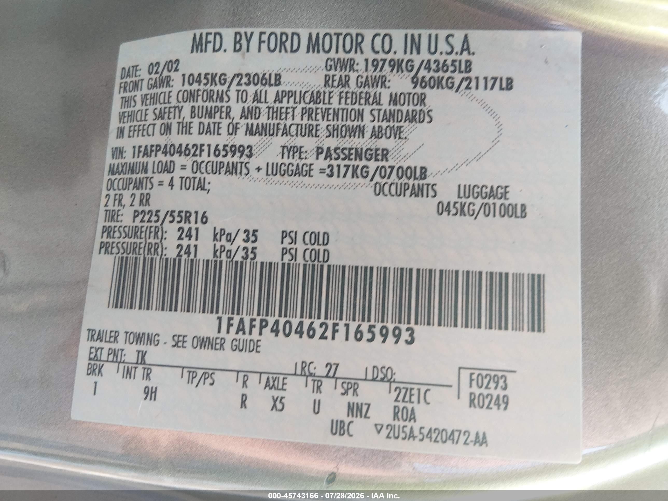2002 Ford Mustang   Gray vin: 1FAFP40462F165993