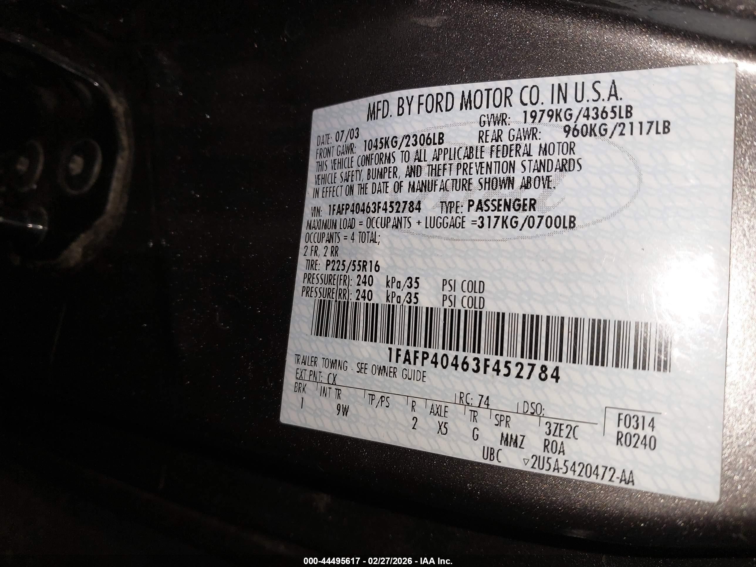 2003 Ford Mustang Серый vin: 1FAFP40463F452784