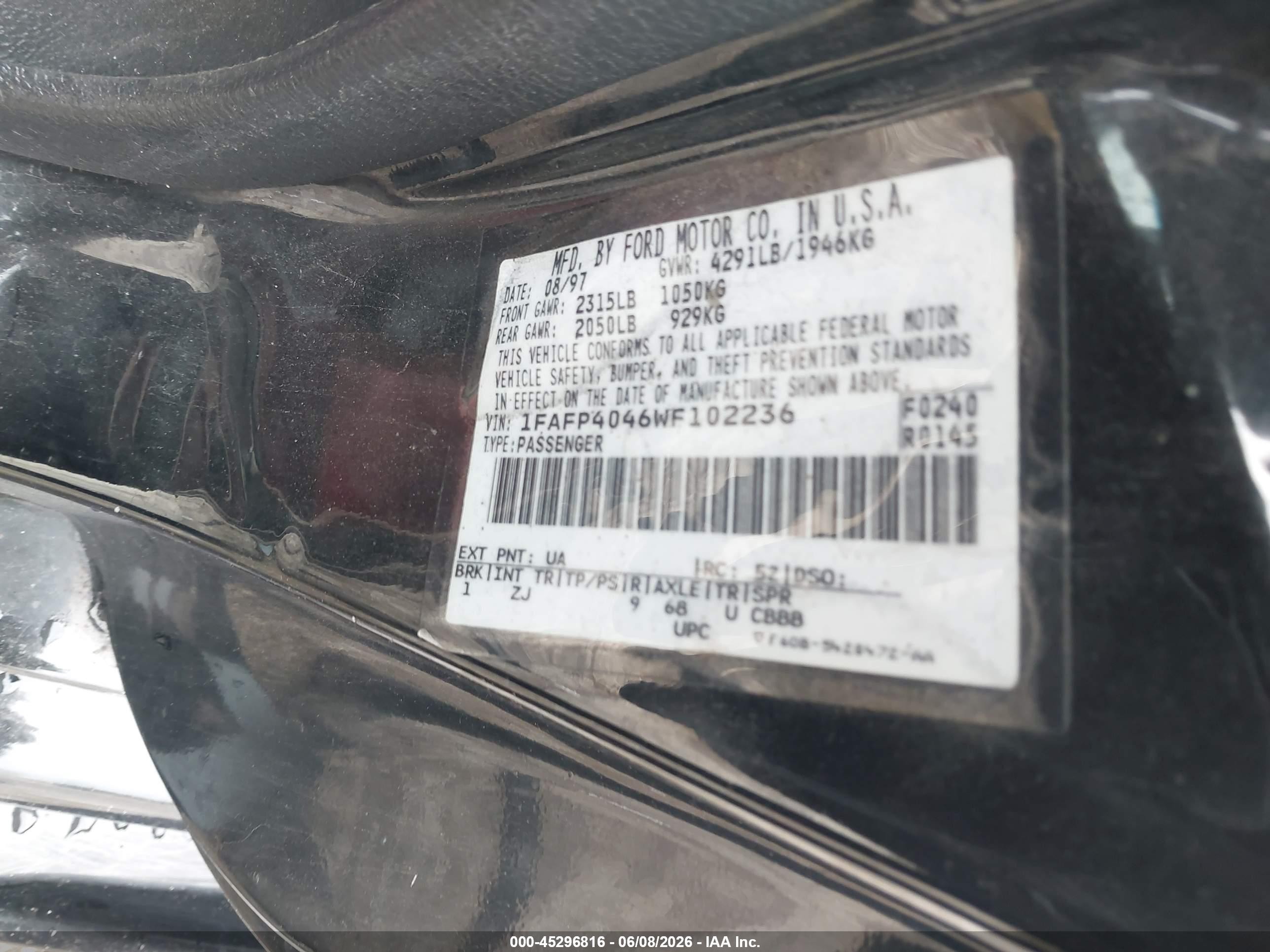 1998 Ford Mustang   Black vin: 1FAFP4046WF102236