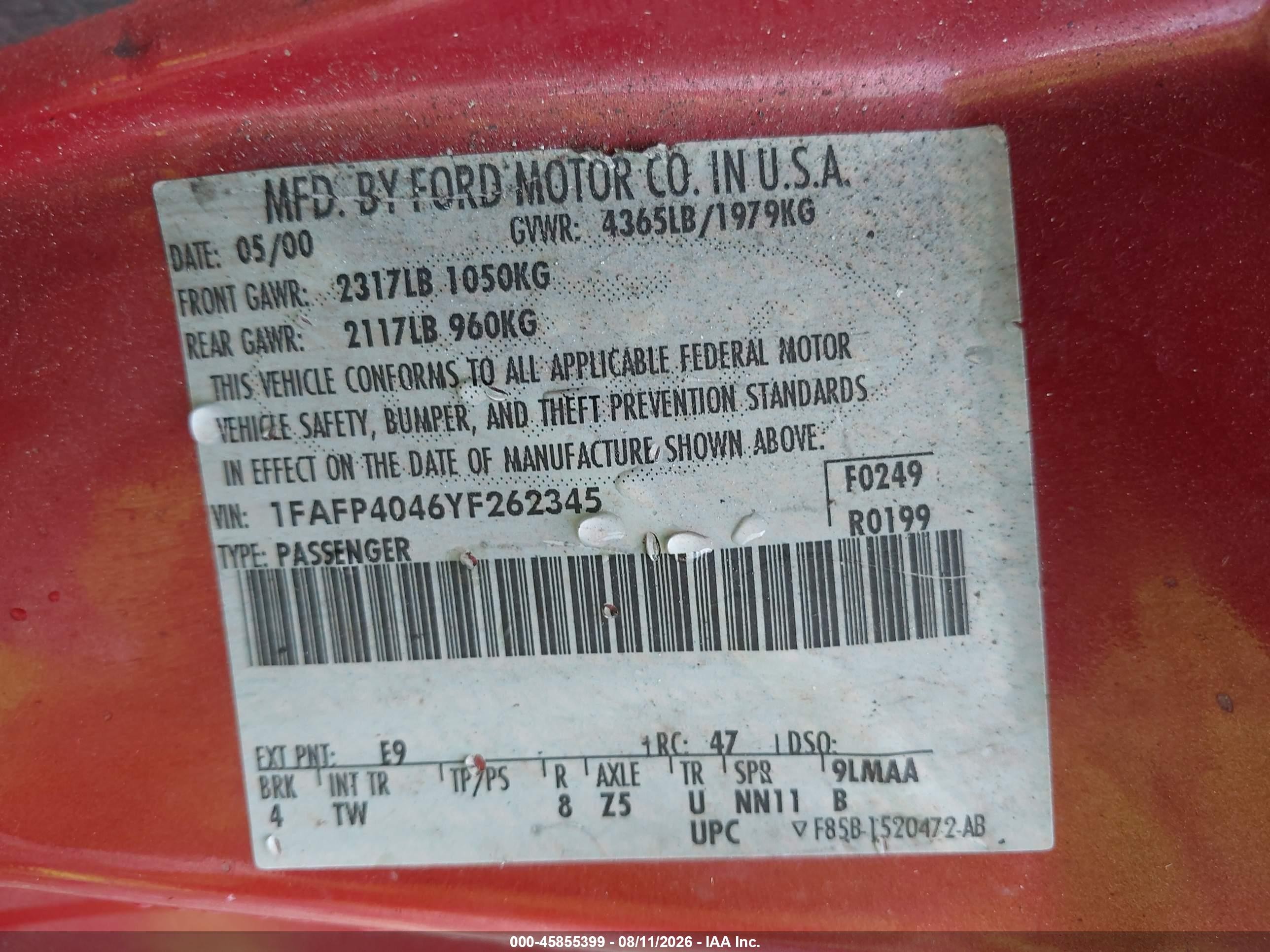 2000 Ford Mustang Red vin: 1FAFP4046YF262345