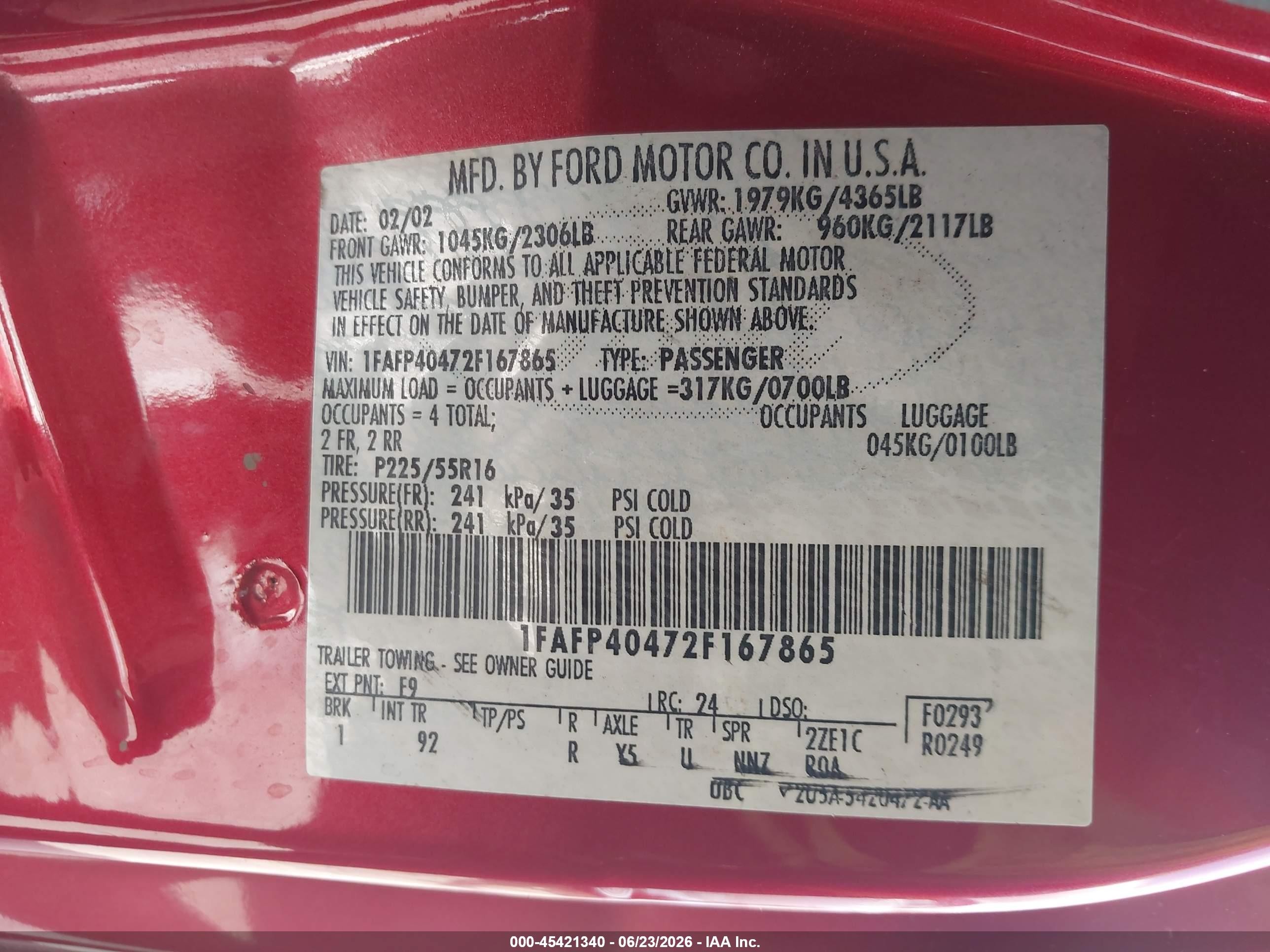2002 Ford Mustang Deluxe/premium Red vin: 1FAFP40472F167865