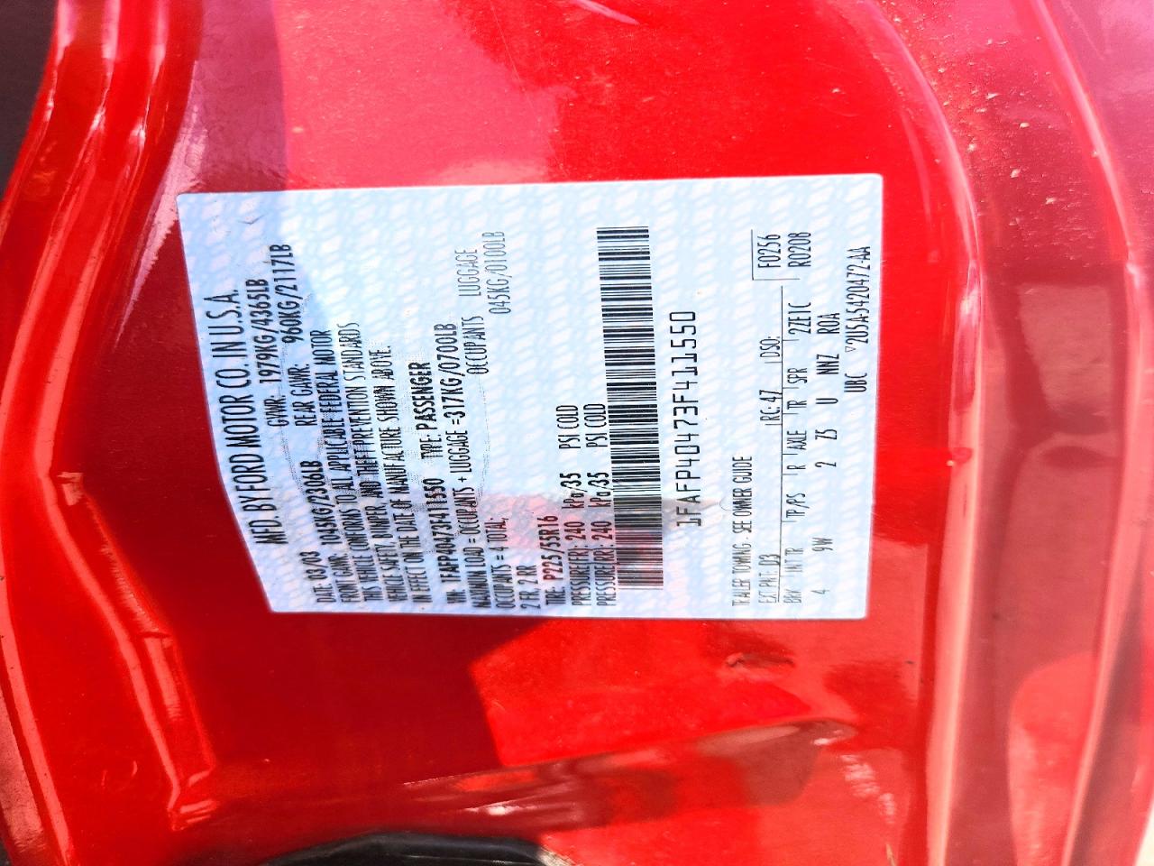 2003 Ford Mustang Red vin: 1FAFP40473F411550
