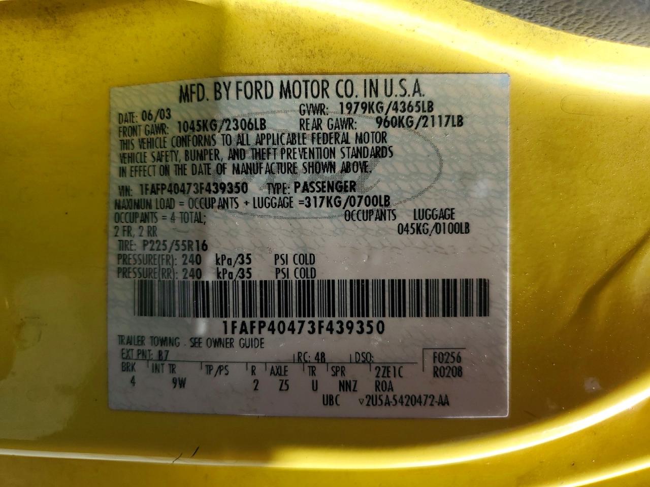 2003 Ford Mustang Yellow vin: 1FAFP40473F439350