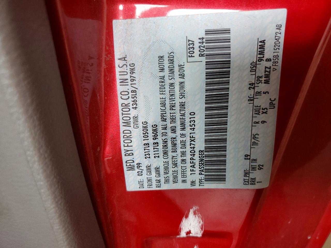 1999 Ford Mustang Red vin: 1FAFP4047XF145310