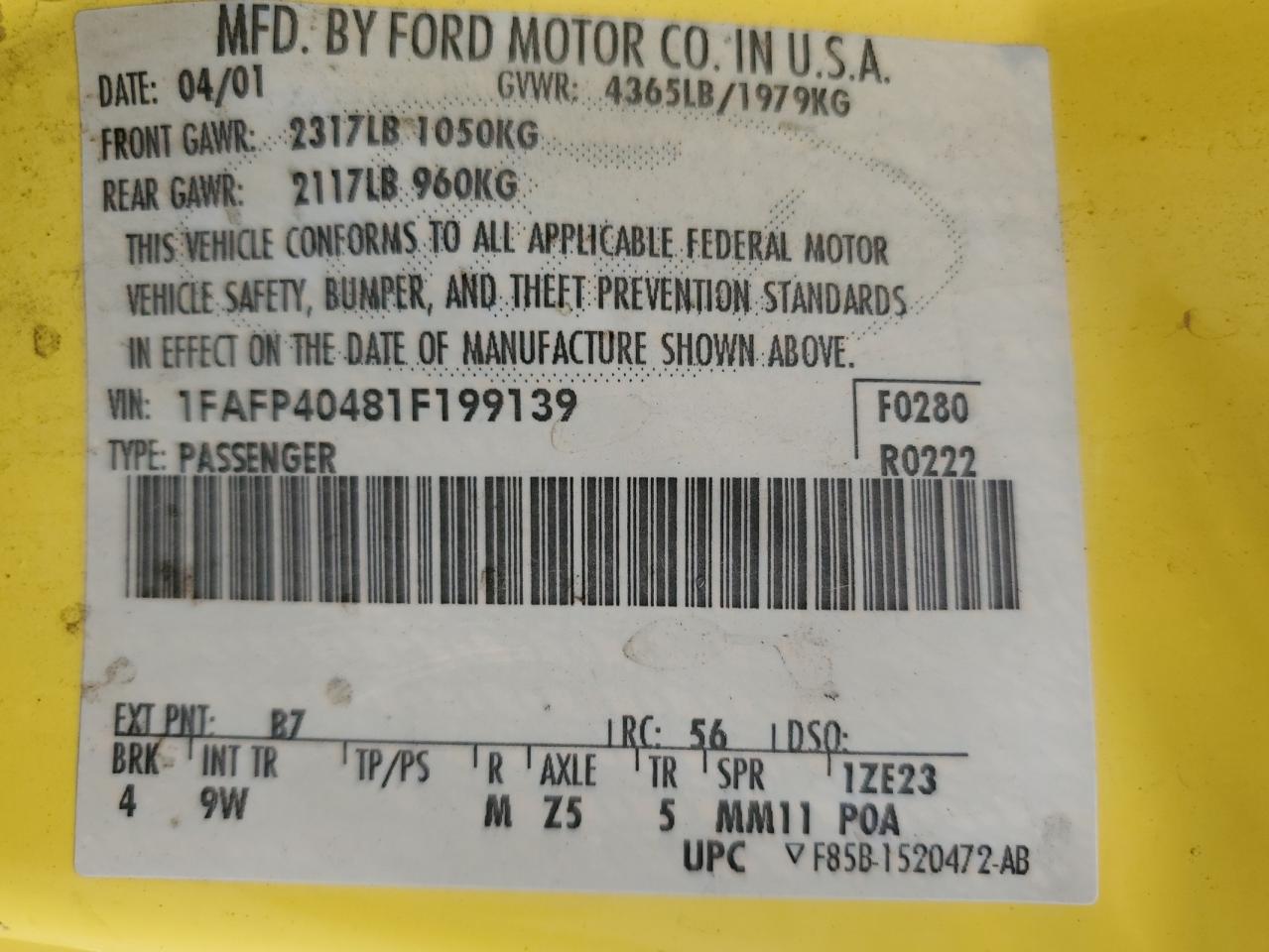 2001 Ford Mustang Желтый vin: 1FAFP40481F199139