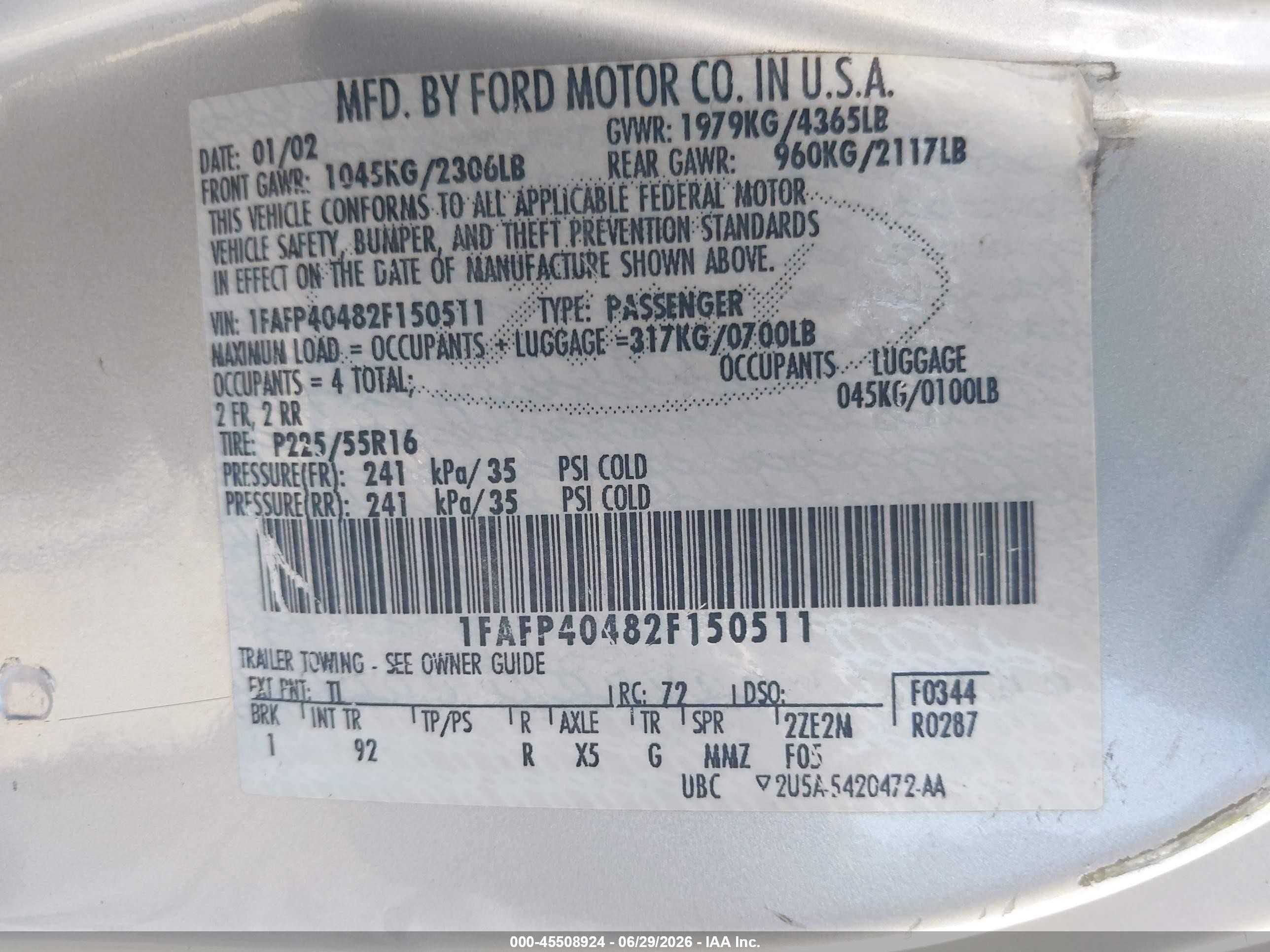 2002 Ford Mustang Deluxe/premium/standard Silver vin: 1FAFP40482F150511