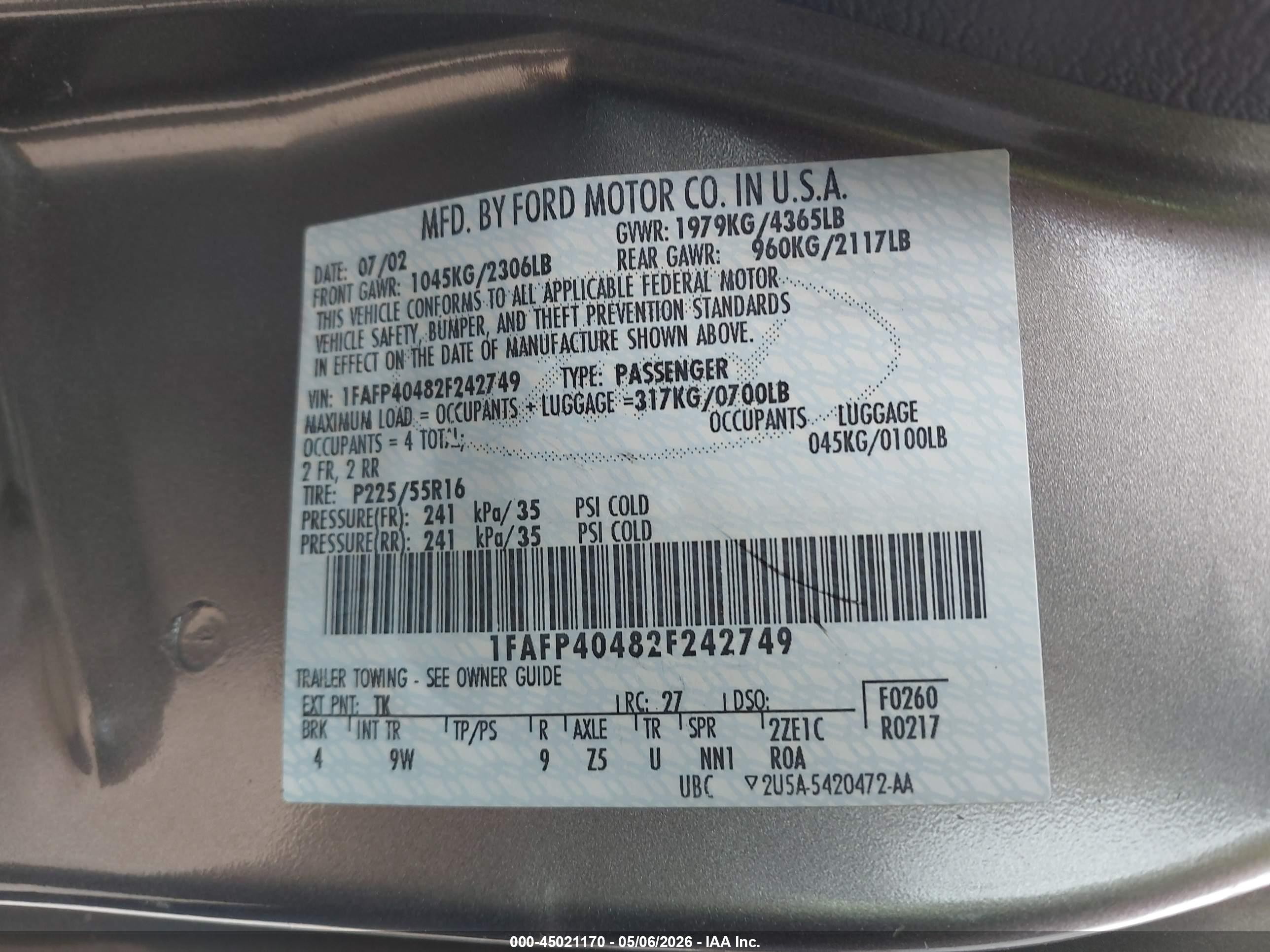 2002 Ford Mustang   Gray vin: 1FAFP40482F242749