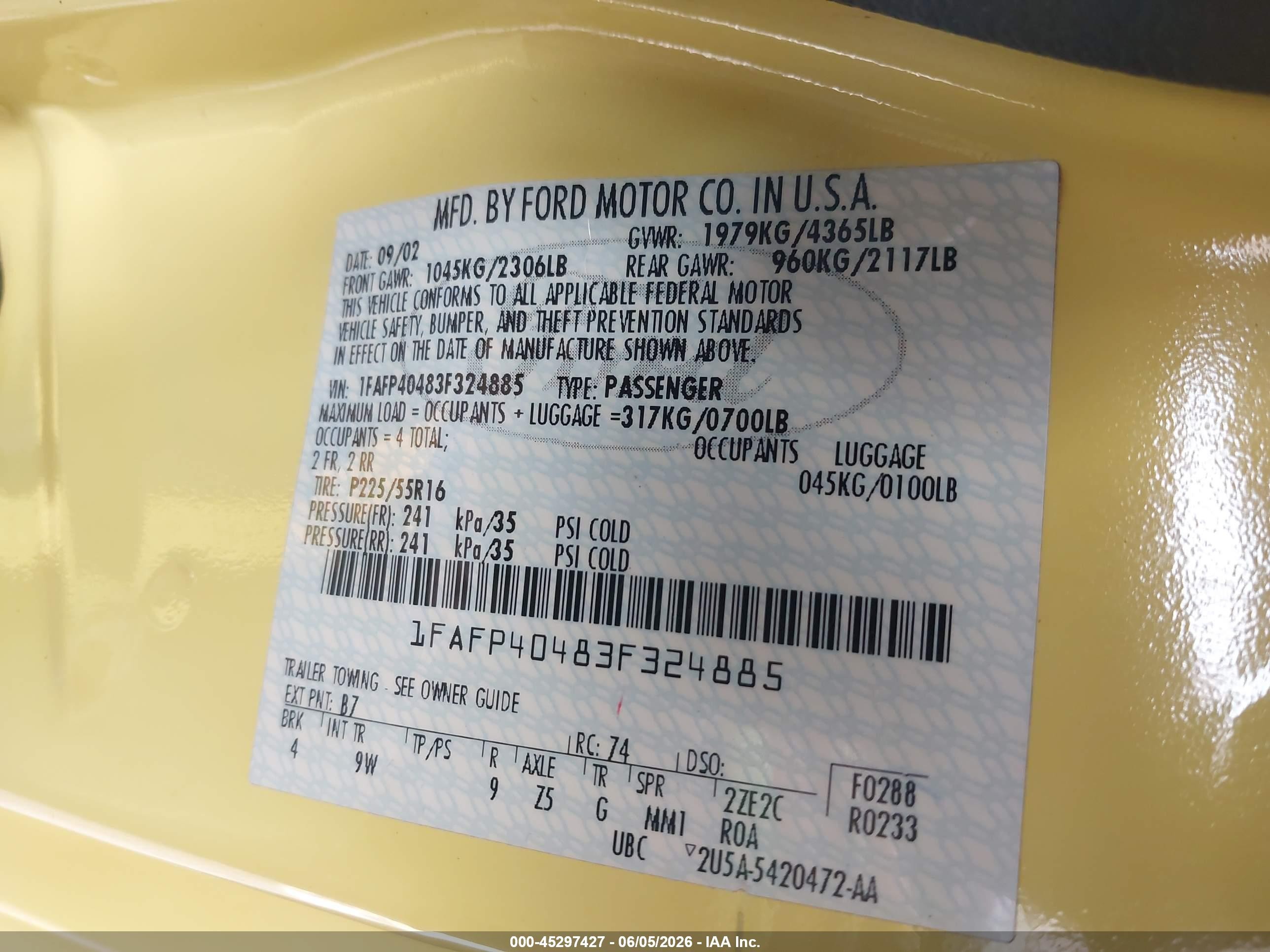 2003 Ford Mustang   Yellow vin: 1FAFP40483F324885