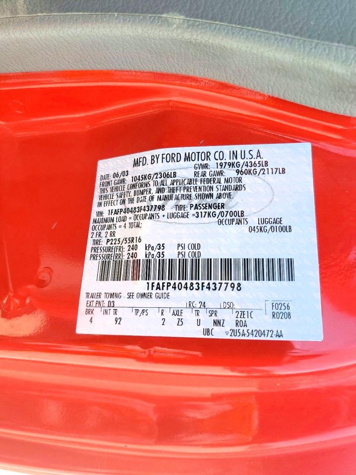 2003 Ford Mustang Red vin: 1FAFP40483F437798