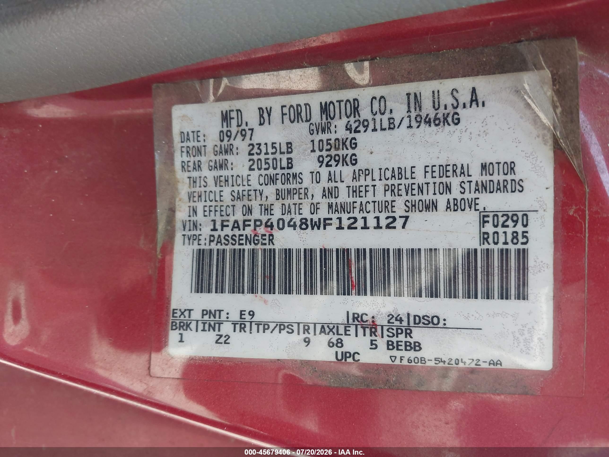 1998 Ford Mustang   Red vin: 1FAFP4048WF121127
