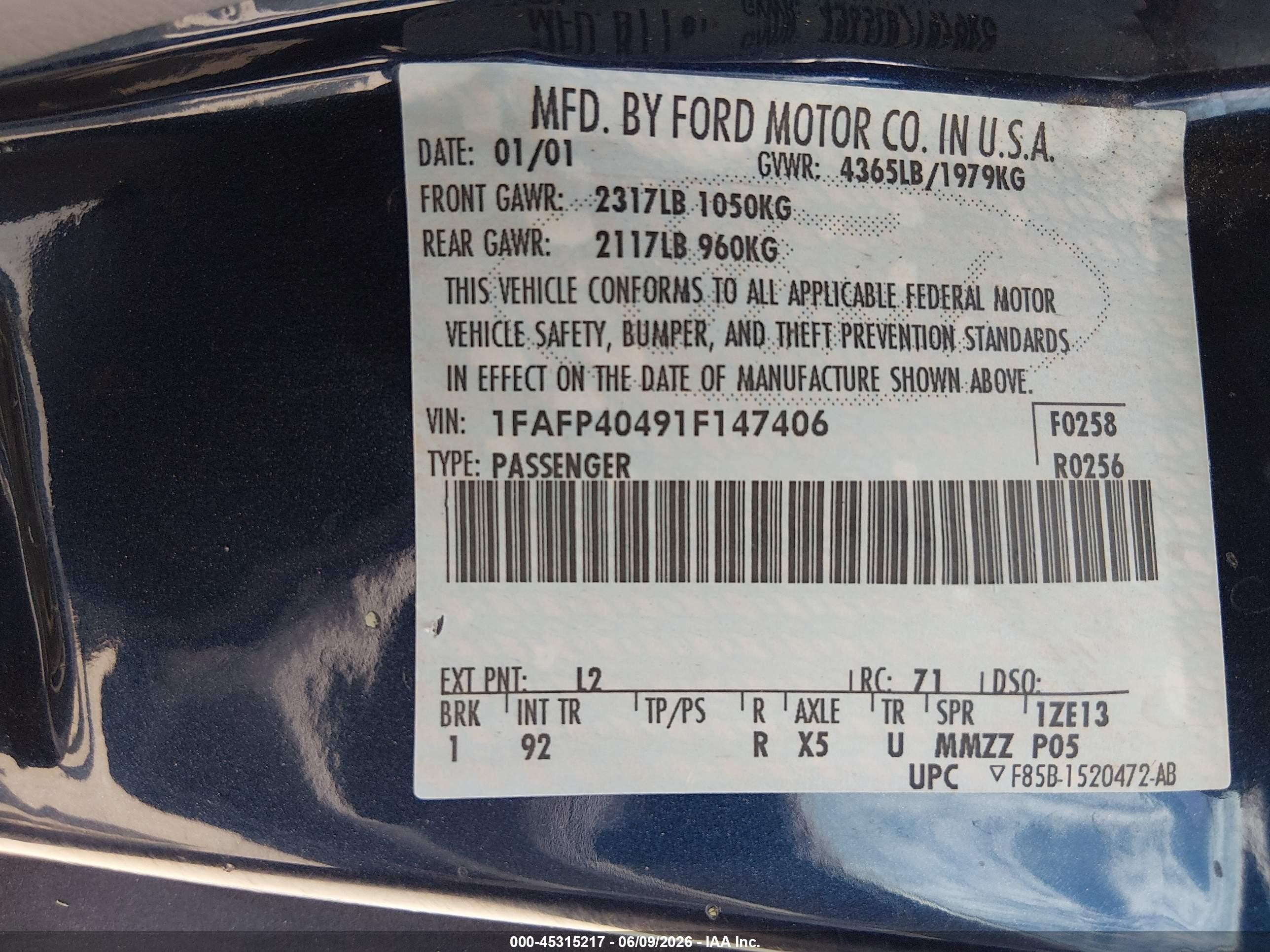 2001 Ford Mustang   Navy vin: 1FAFP40491F147406