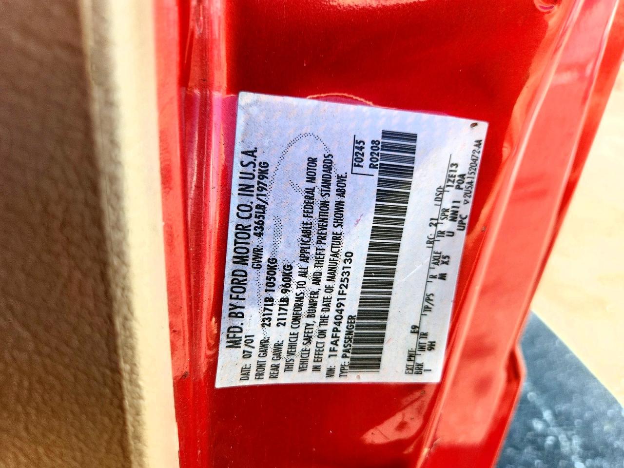 2001 Ford Mustang Red vin: 1FAFP40491F253130
