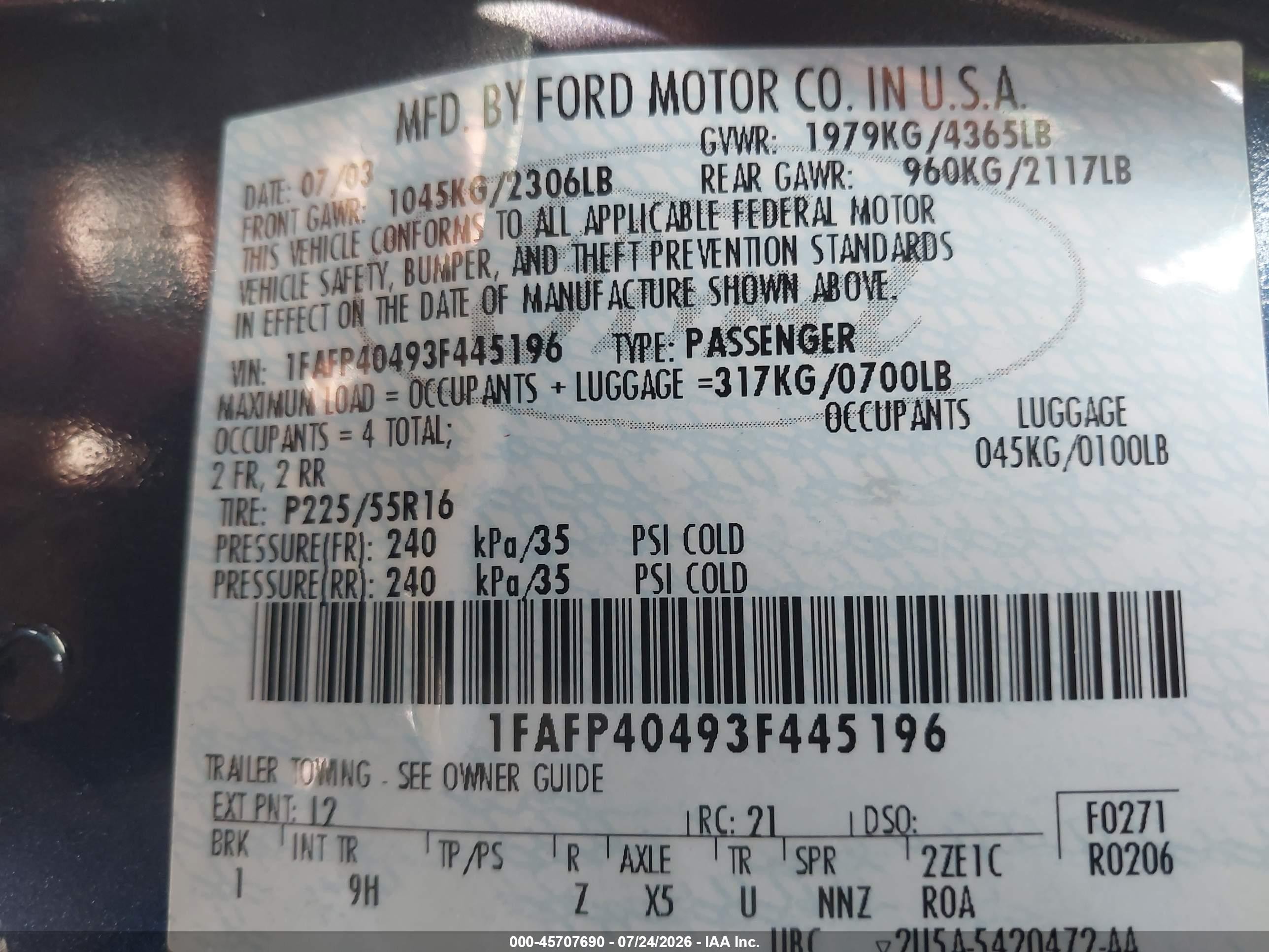 2003 Ford Mustang   Blue vin: 1FAFP40493F445196