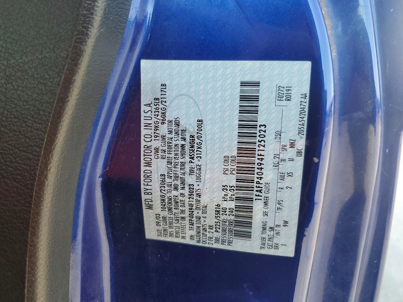 2004 Ford Mustang Blue vin: 1FAFP40494F125023