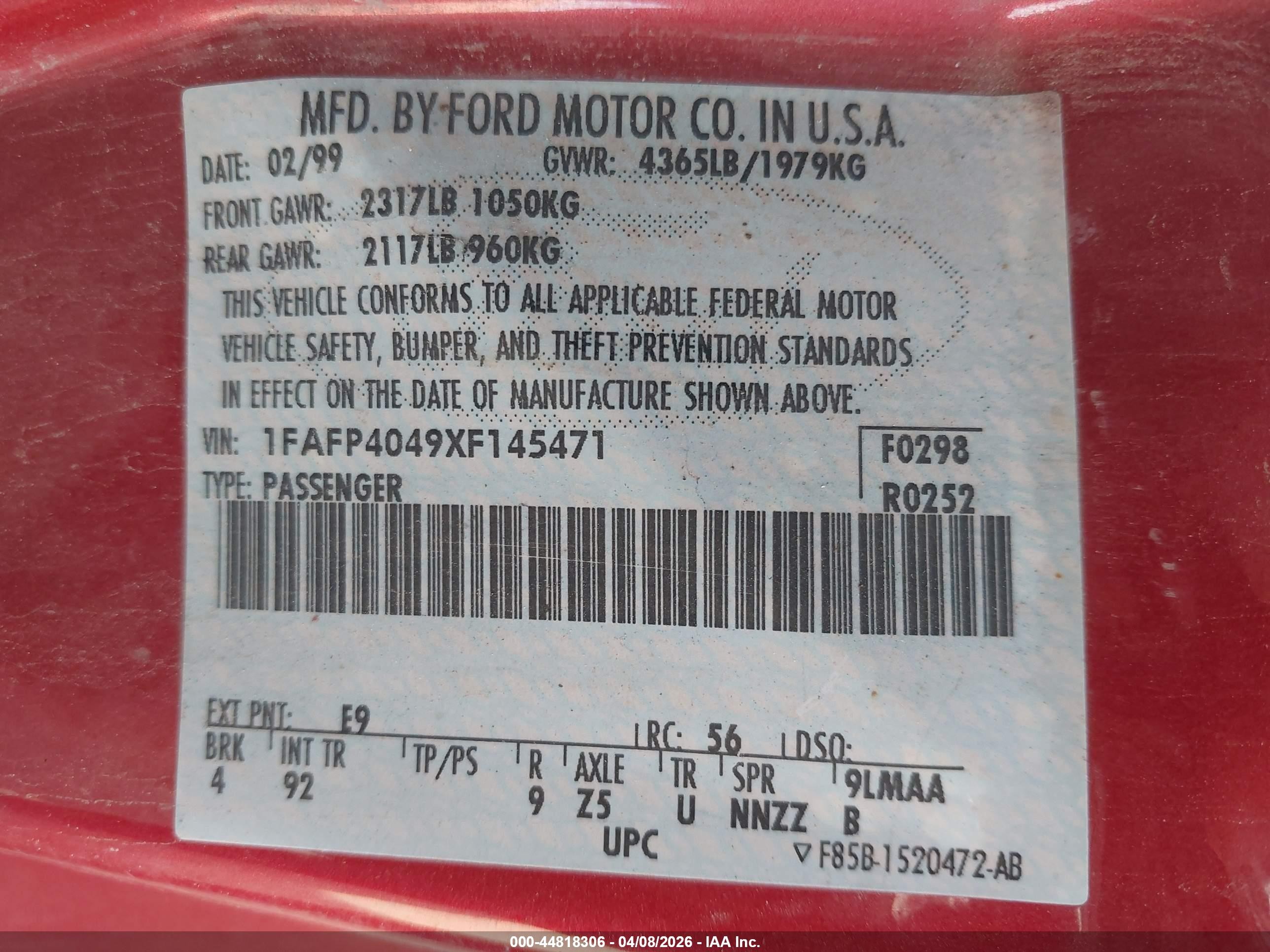 1999 Ford Mustang Красный vin: 1FAFP4049XF145471