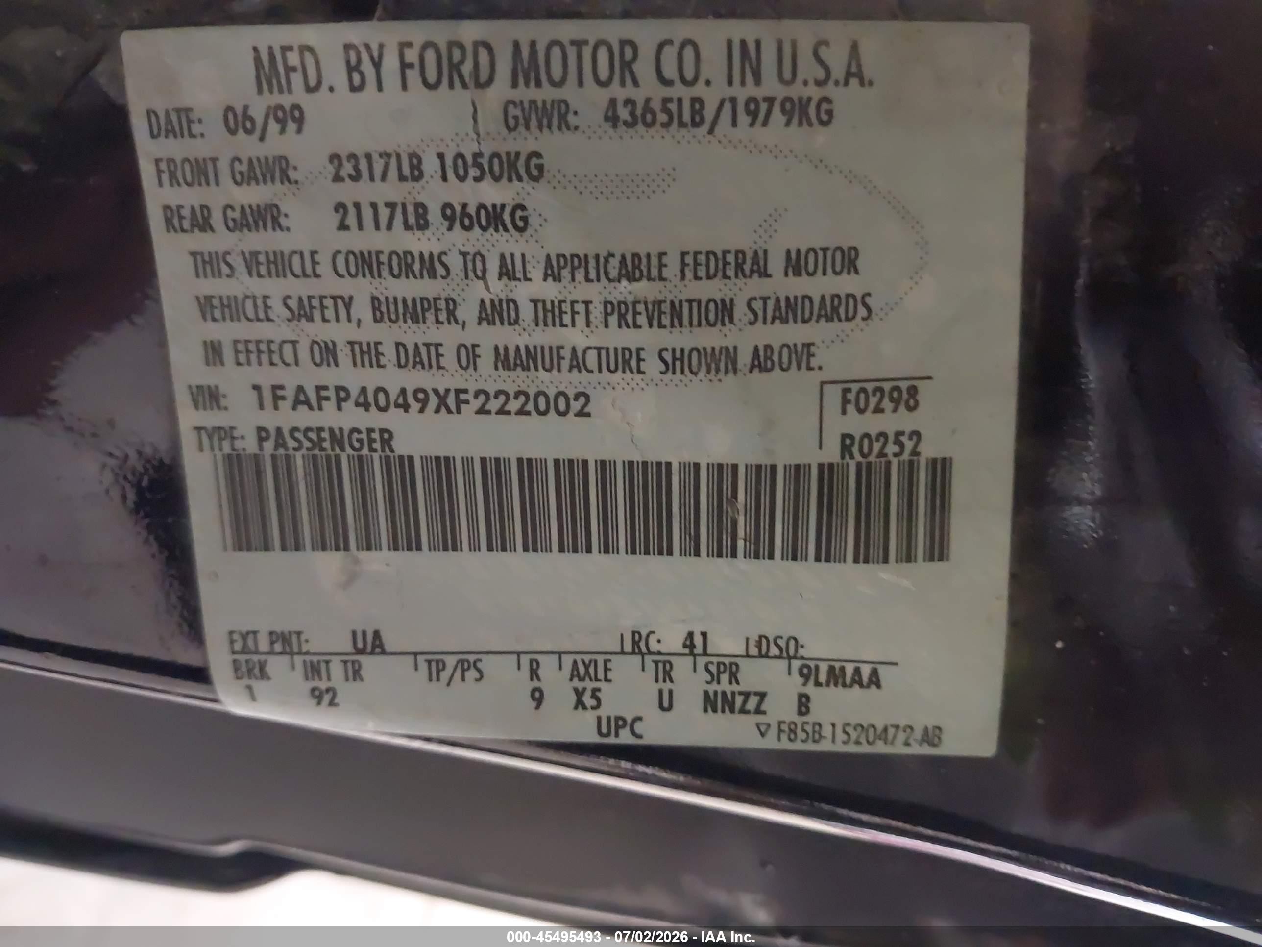 1999 Ford Mustang   Black vin: 1FAFP4049XF222002