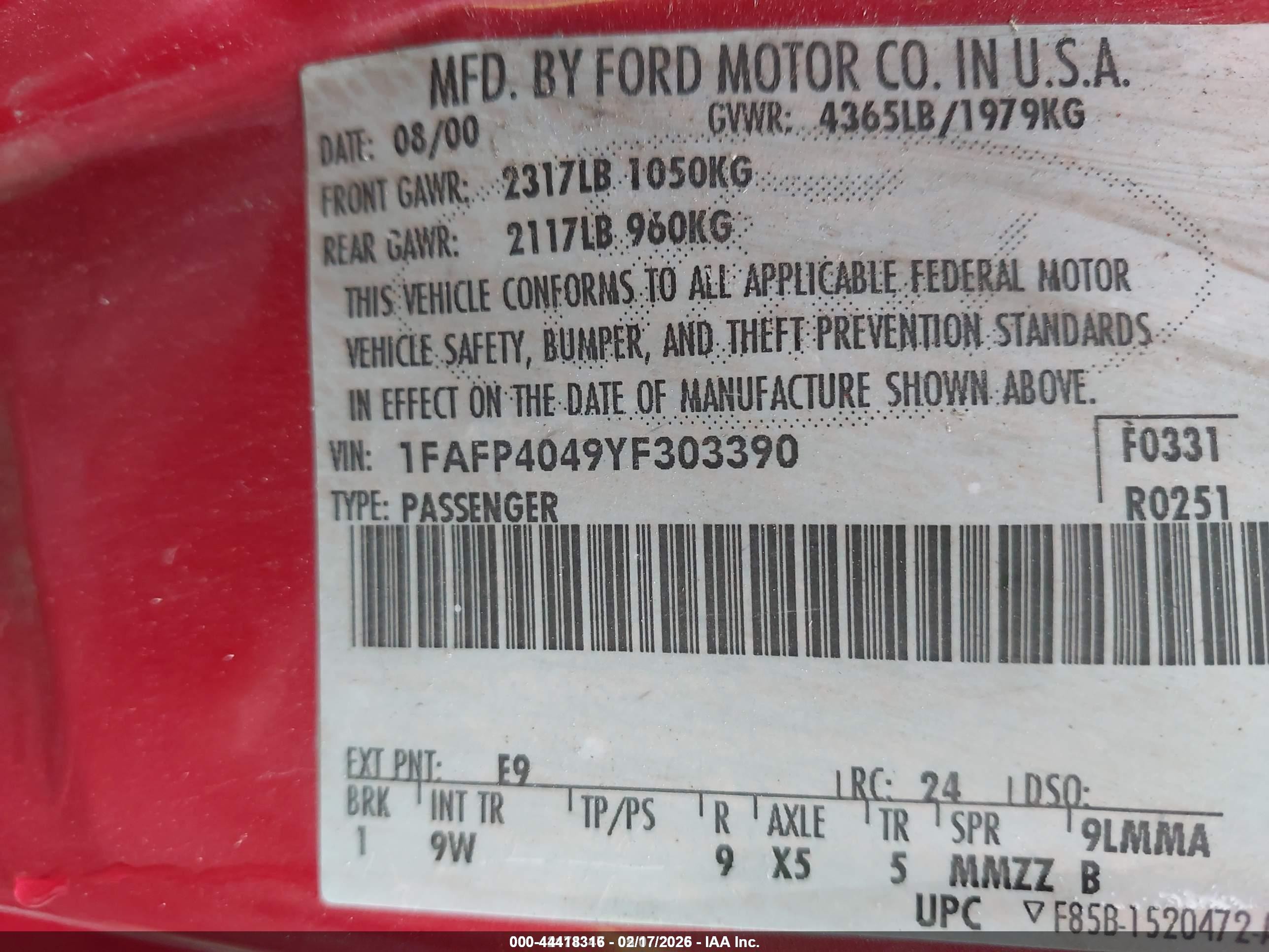 2000 Ford Mustang   Burgundy vin: 1FAFP4049YF303390