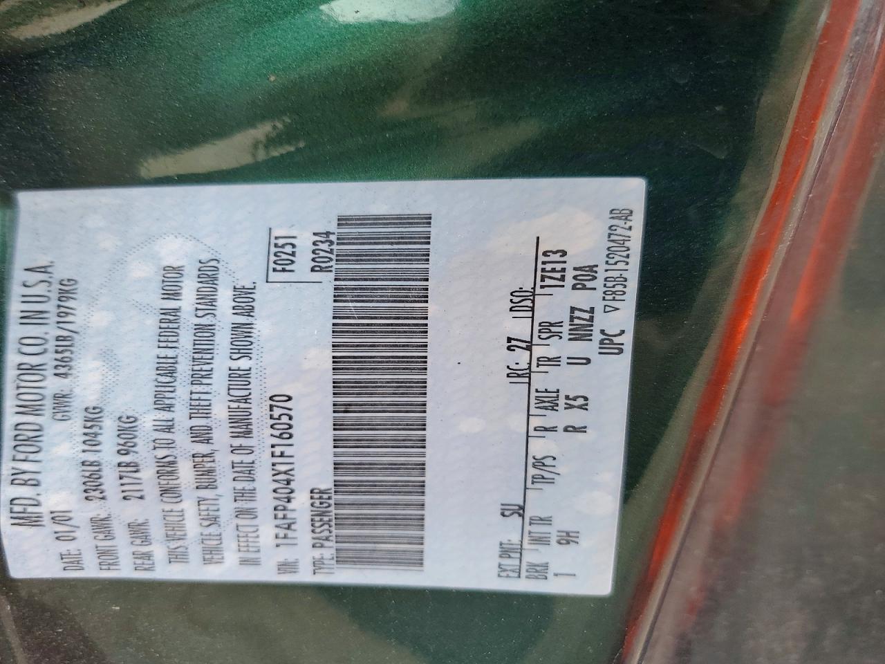 2001 Ford Mustang Green vin: 1FAFP404X1F160570