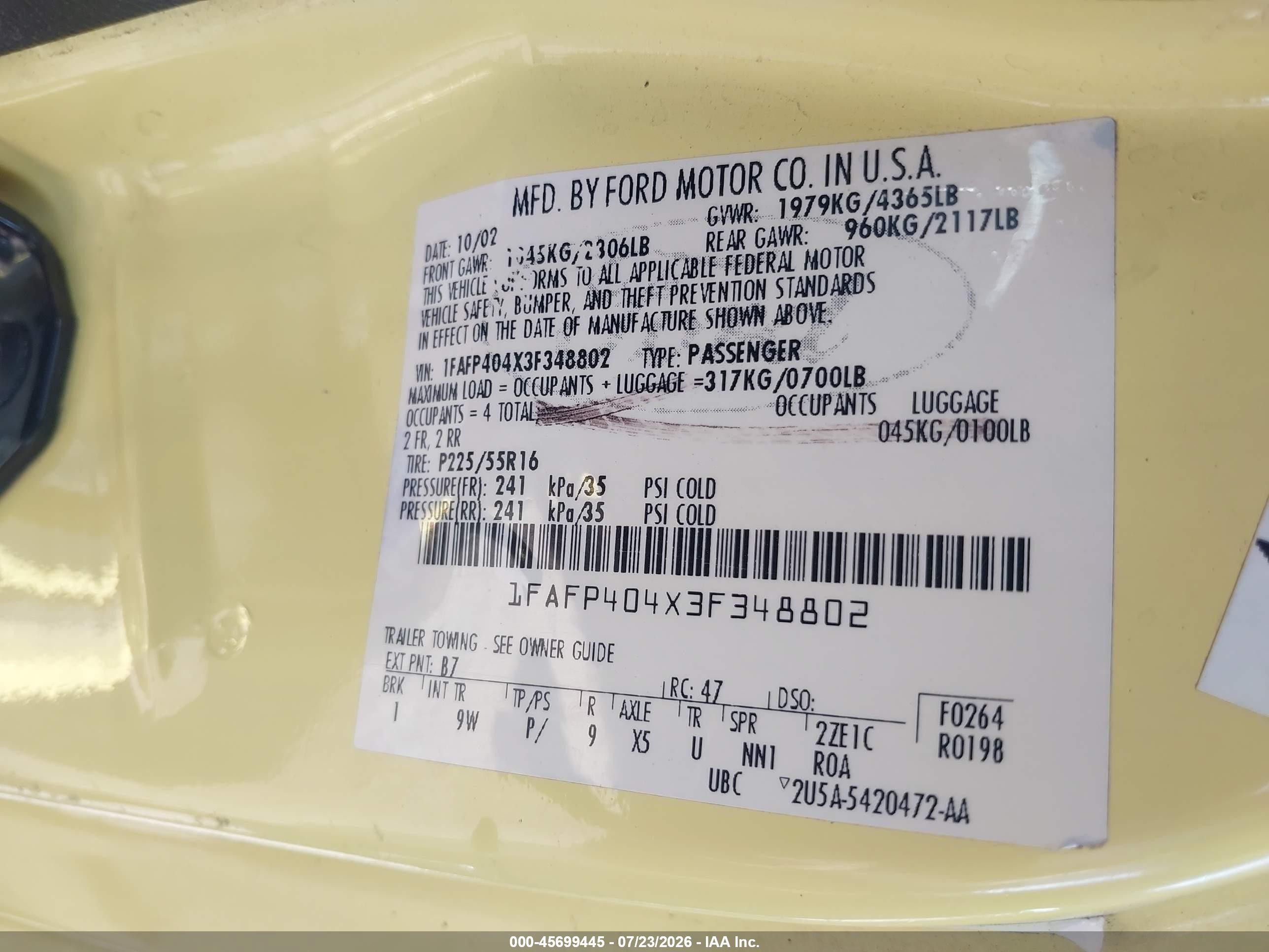 2003 Ford Mustang Yellow vin: 1FAFP404X3F348802