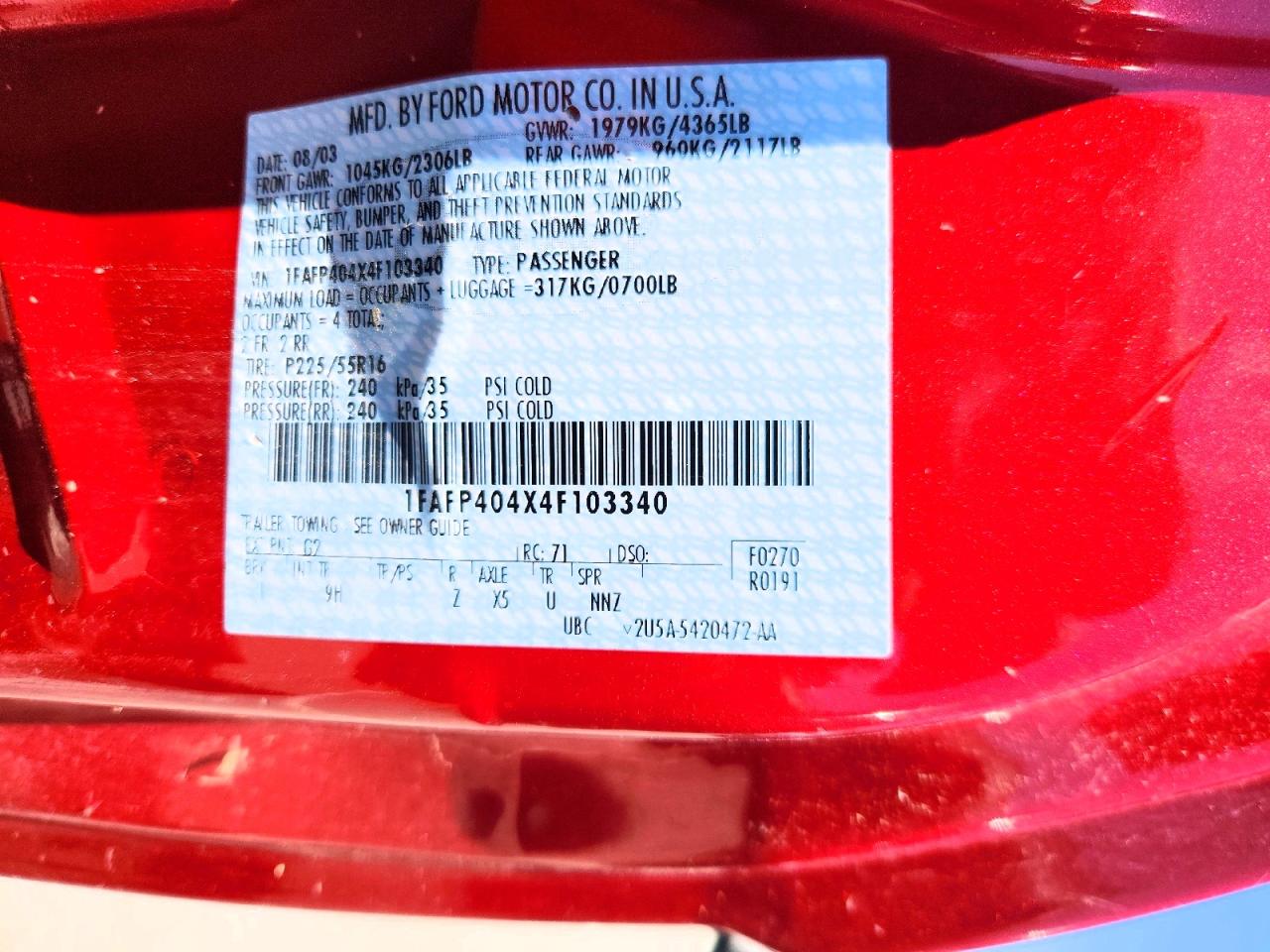 2004 Ford Mustang Red vin: 1FAFP404X4F103340