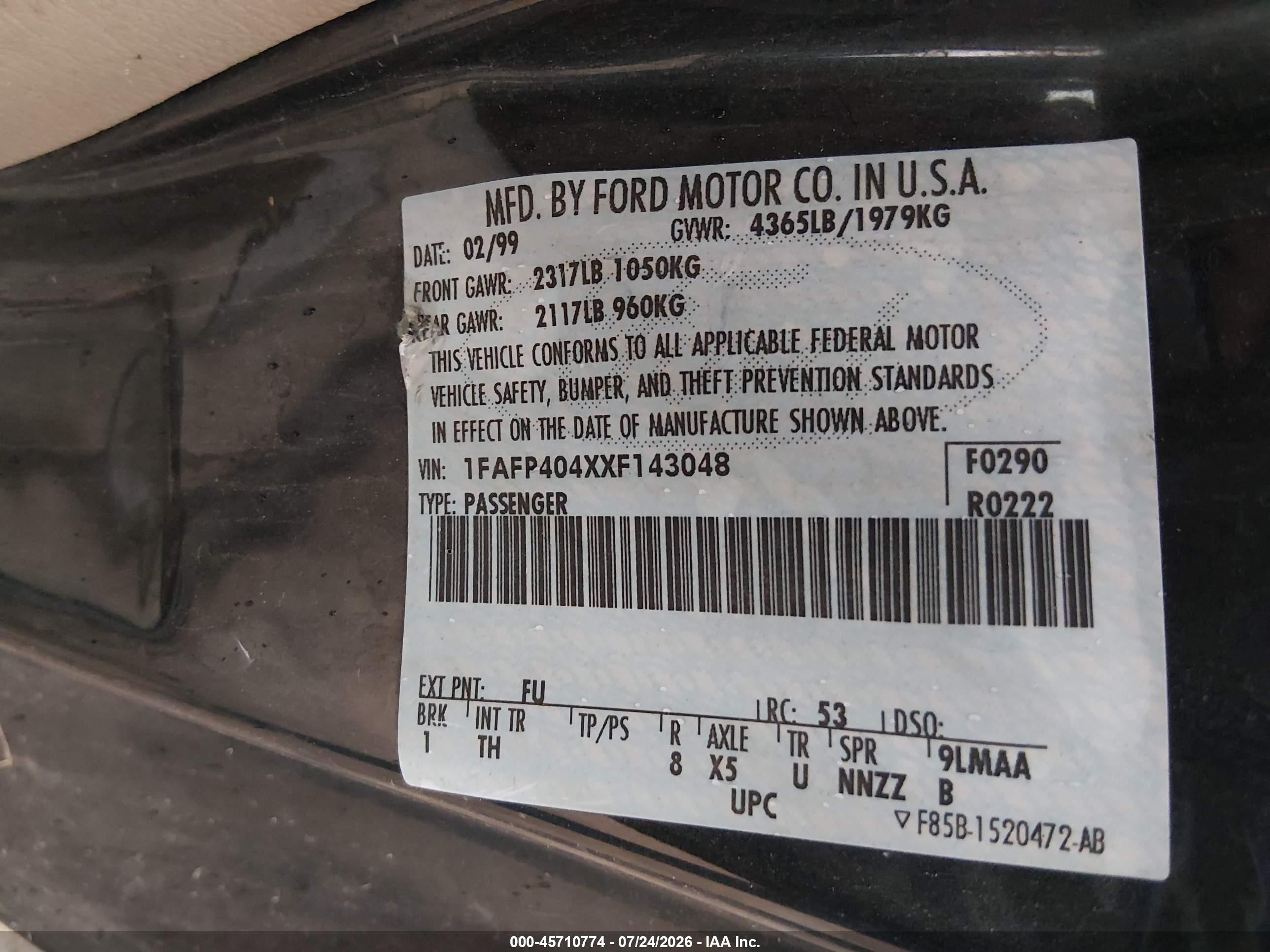 1999 Ford Mustang   Green vin: 1FAFP404XXF143048