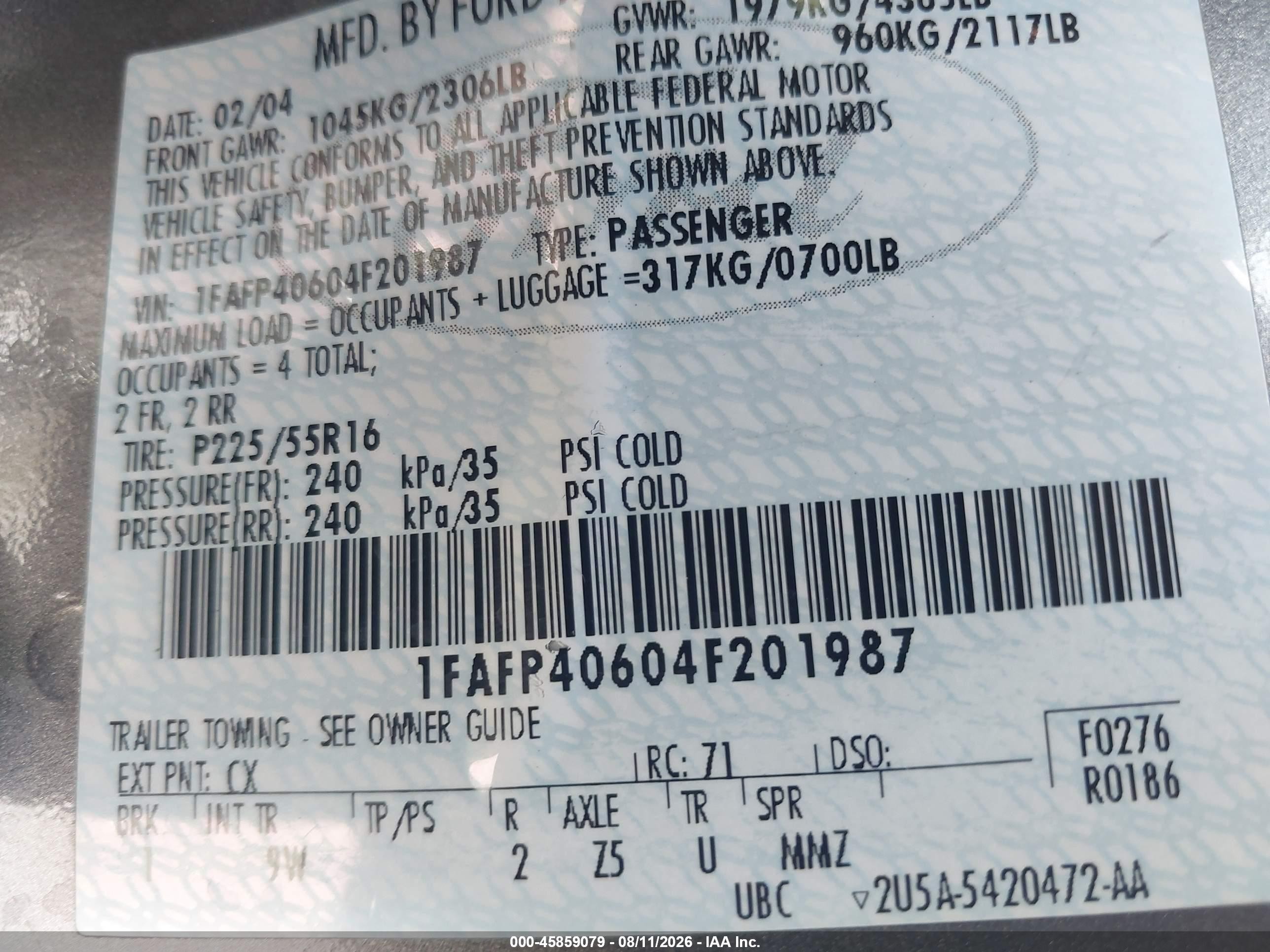 2004 Ford Mustang   Серый vin: 1FAFP40604F201987