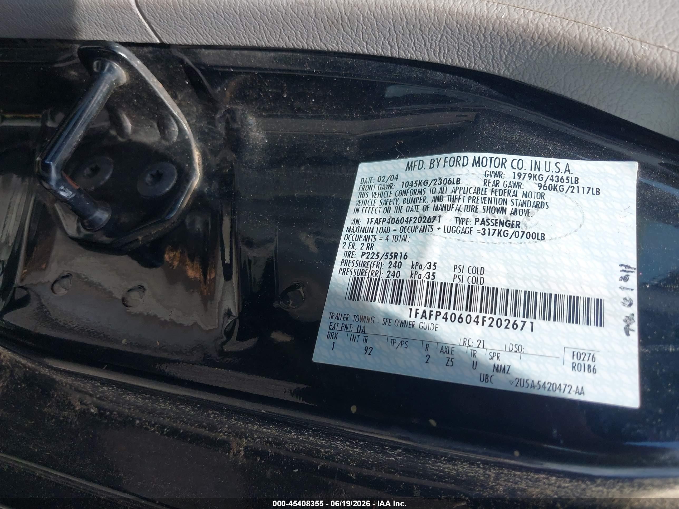 2004 Ford Mustang   Black vin: 1FAFP40604F202671