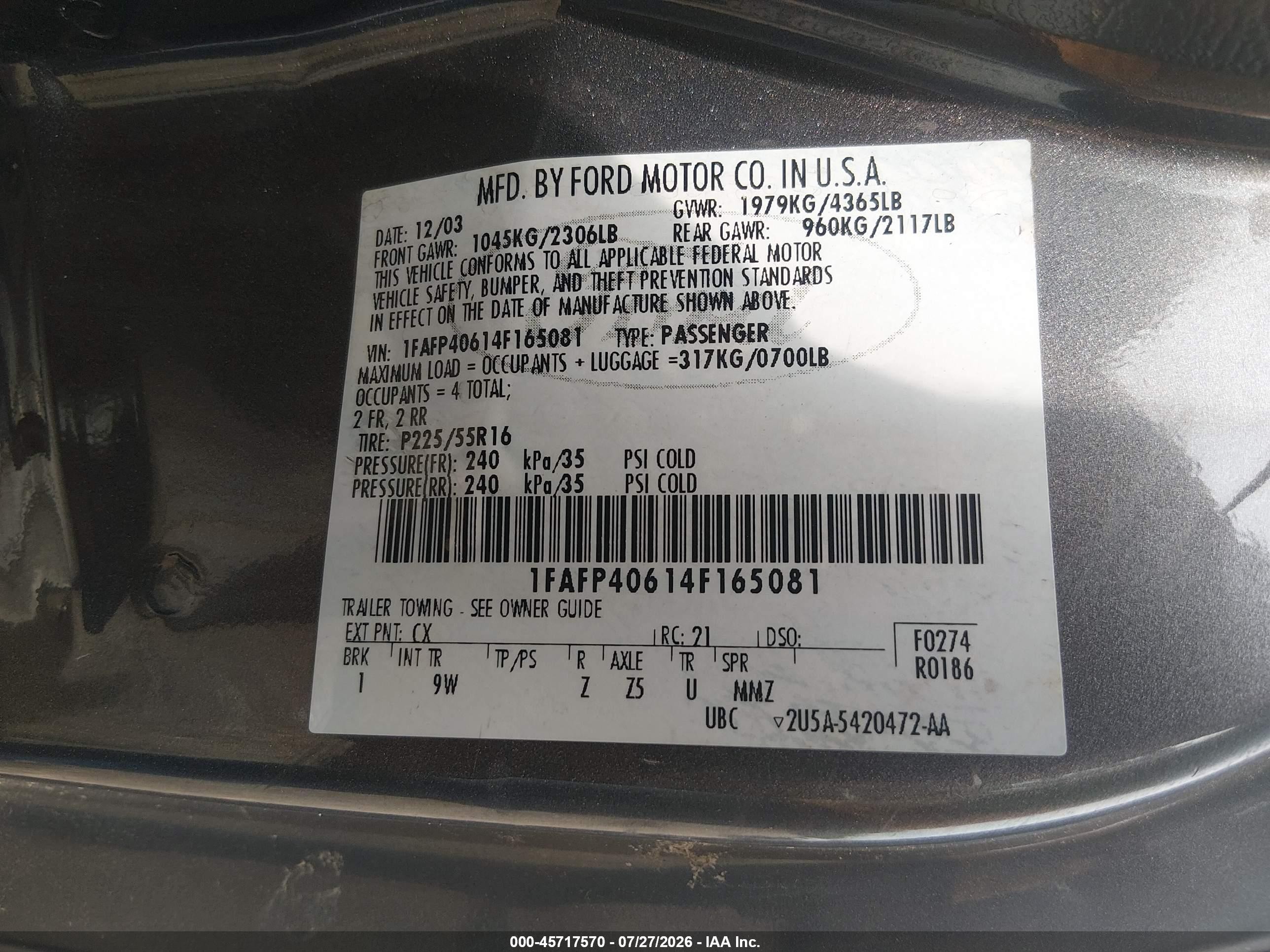 2004 Ford Mustang   Gray vin: 1FAFP40614F165081