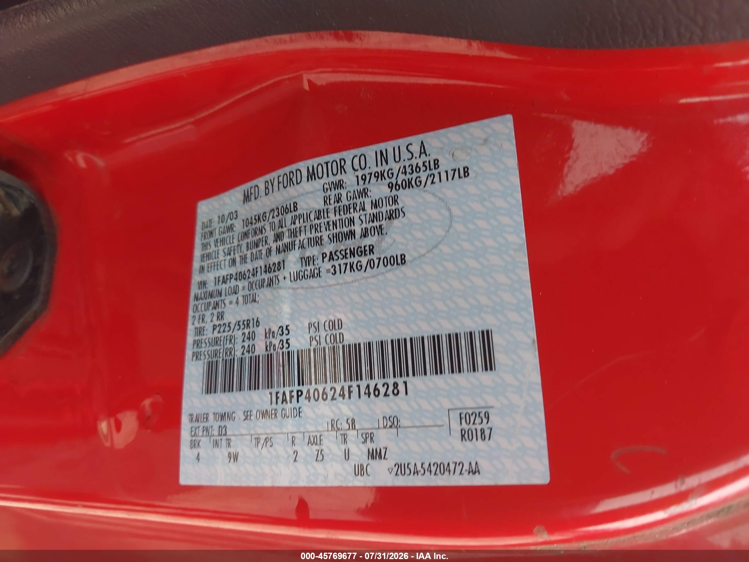 2004 Ford Mustang   Red vin: 1FAFP40624F146281