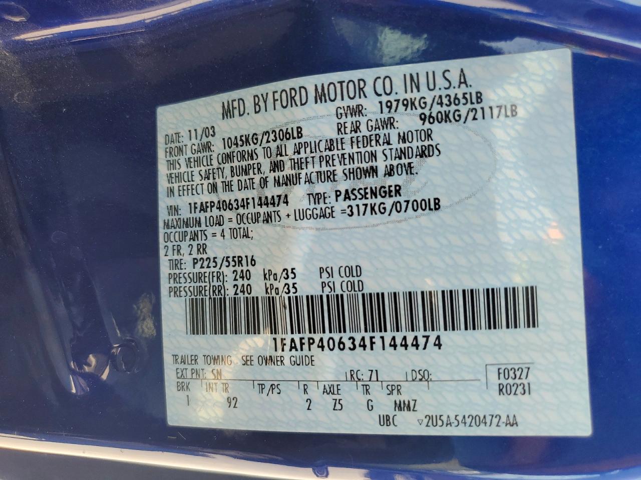 2004 Ford Mustang Blue vin: 1FAFP40634F144474