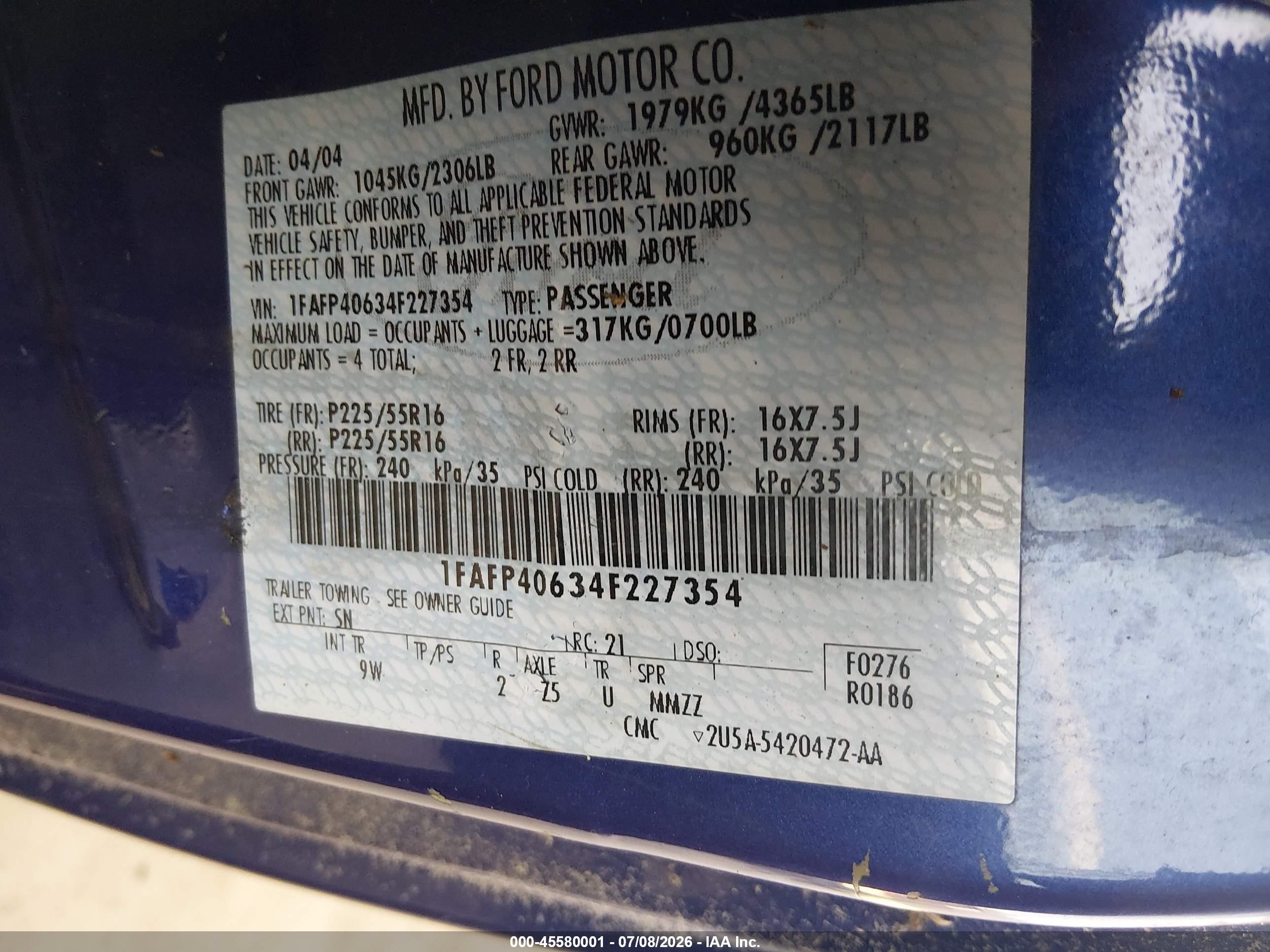 2004 Ford Mustang   Blue vin: 1FAFP40634F227354