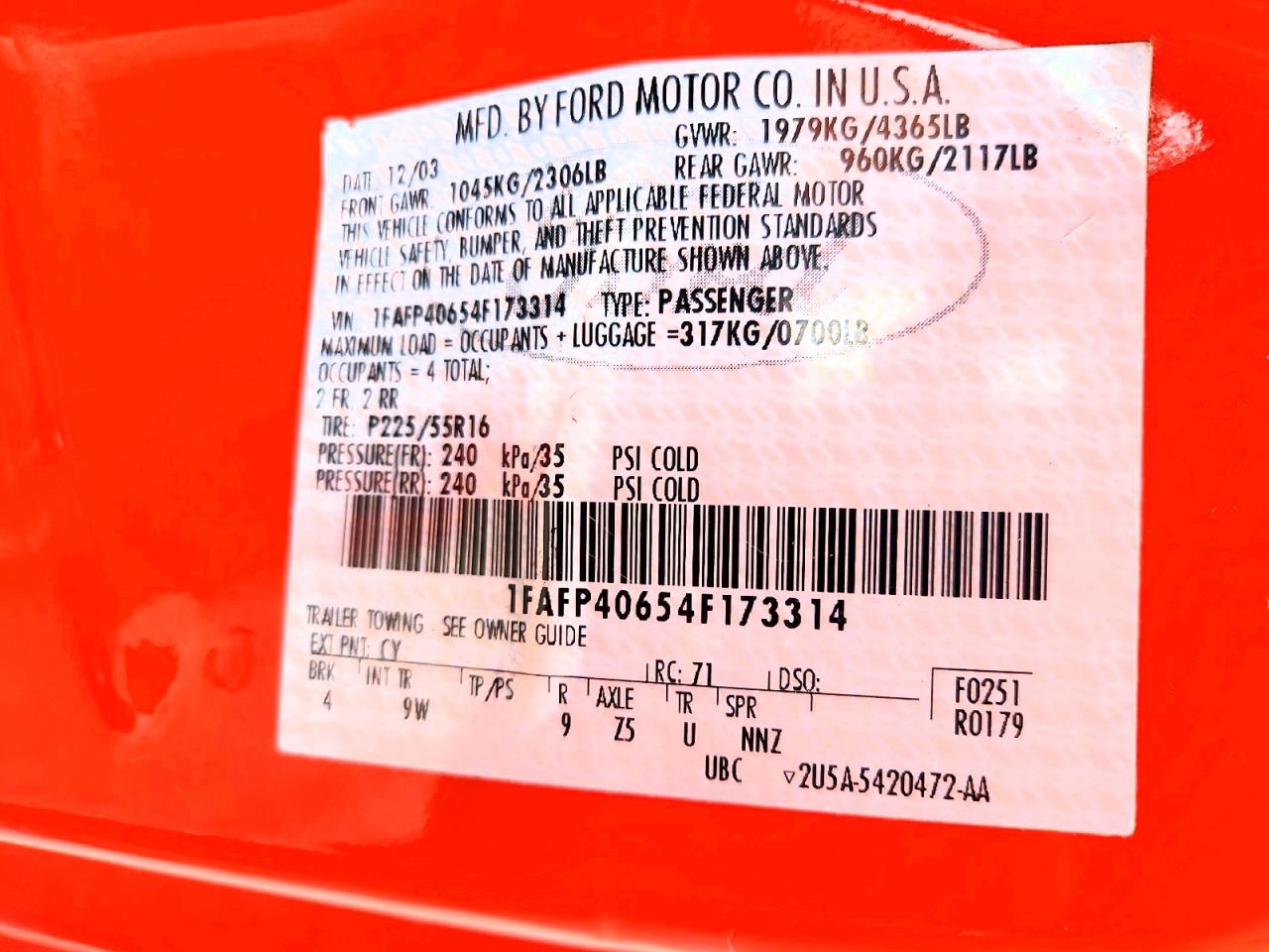 2004 Ford Mustang Orange vin: 1FAFP40654F173314