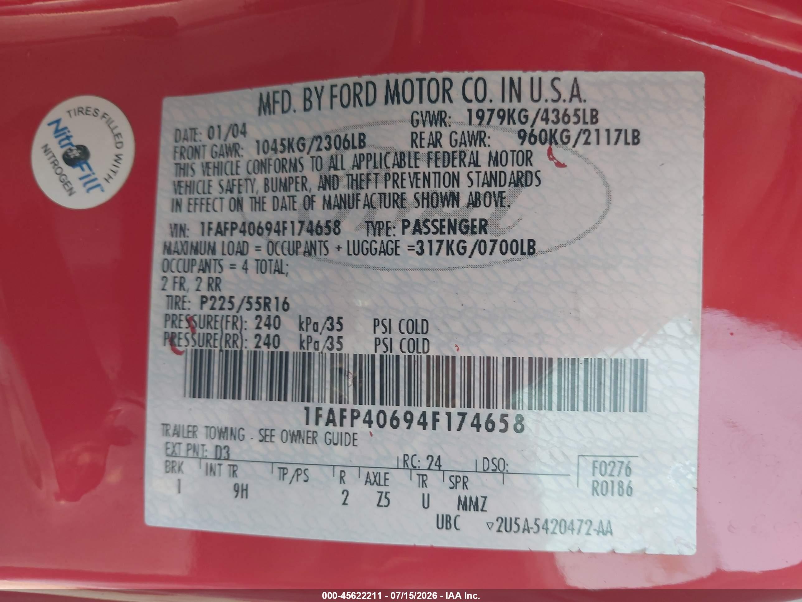 2004 Ford Mustang   Red vin: 1FAFP40694F174658