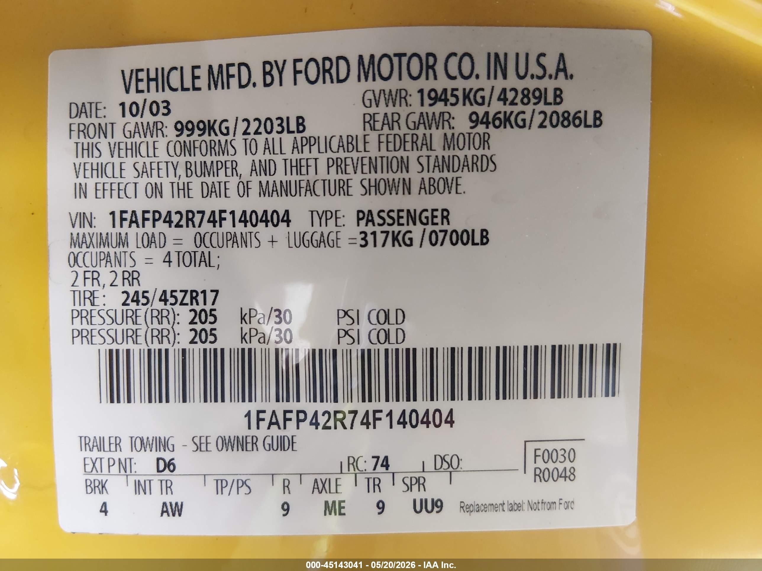2004 Ford Mustang Mach 1 Yellow vin: 1FAFP42R74F140404