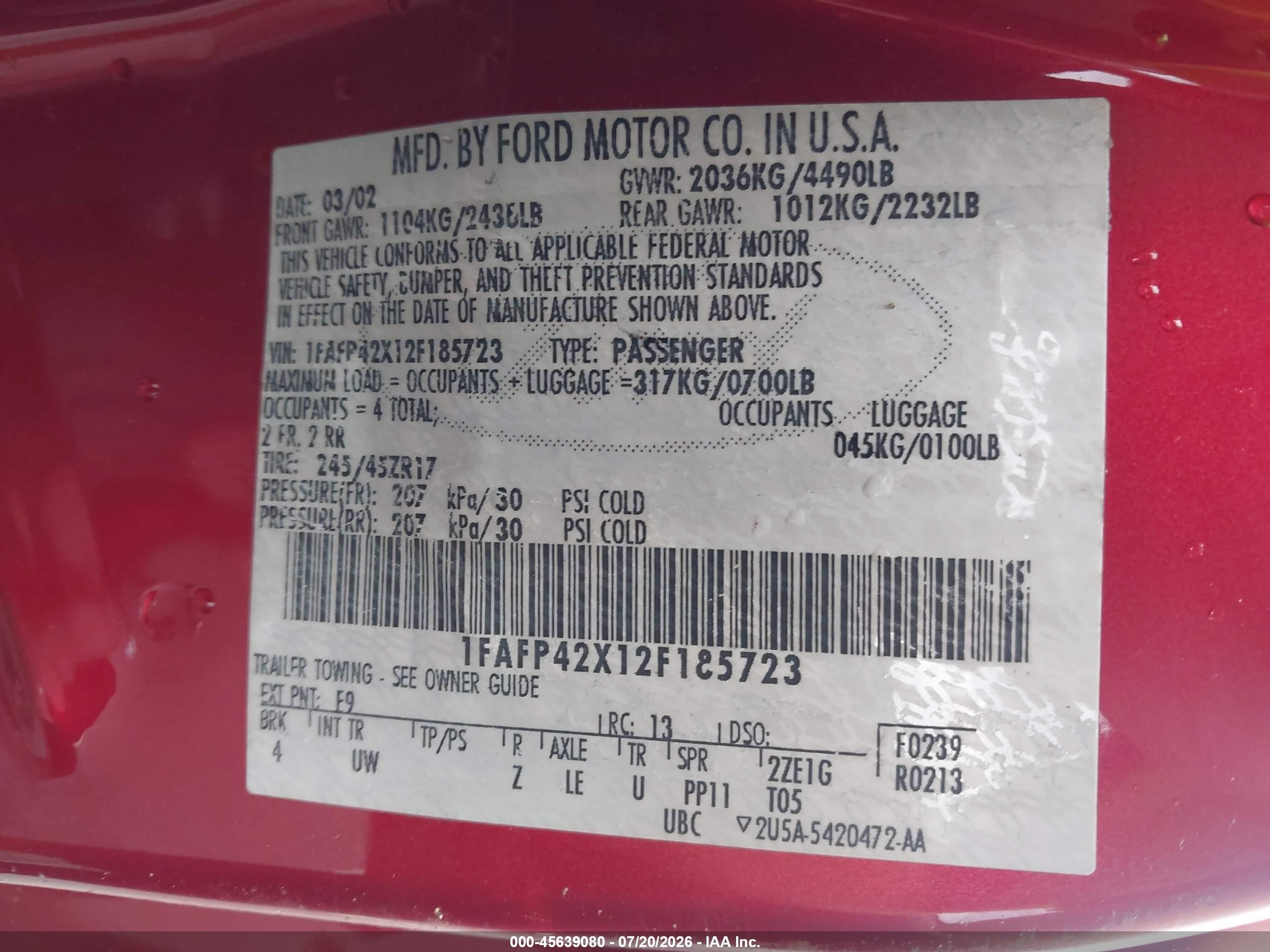 2002 Ford Mustang Gt Deluxe/gt Premium Red vin: 1FAFP42X12F185723