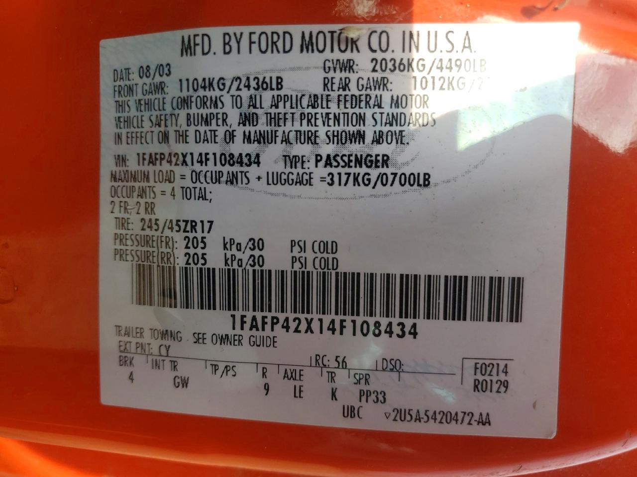 2004 Ford Mustang Gt Orange vin: 1FAFP42X14F108434