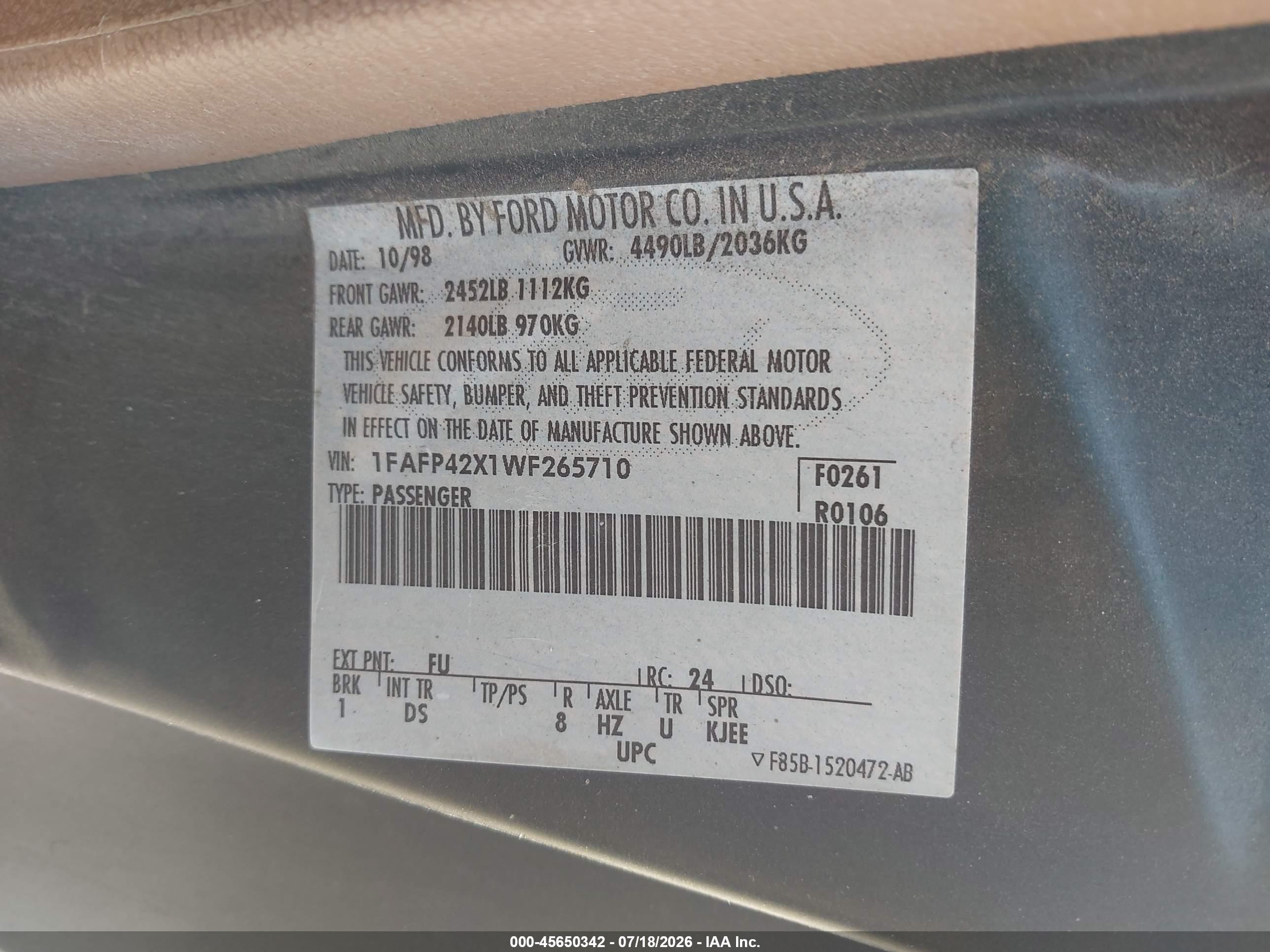 1998 Ford Mustang Gt Gray vin: 1FAFP42X1WF265710
