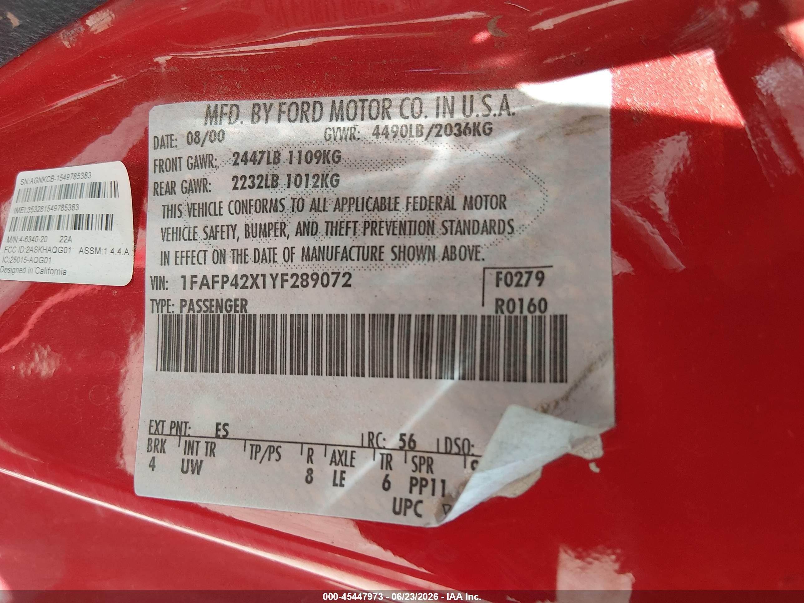 2000 Ford Mustang Gt Red vin: 1FAFP42X1YF289072