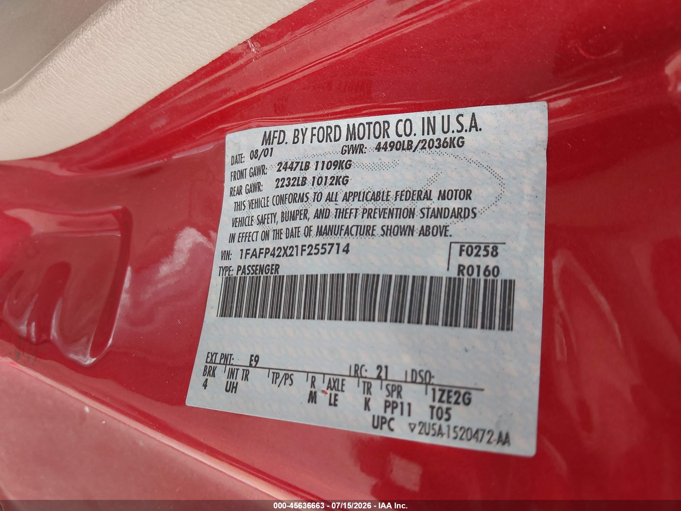 2001 Ford Mustang Gt Red vin: 1FAFP42X21F255714