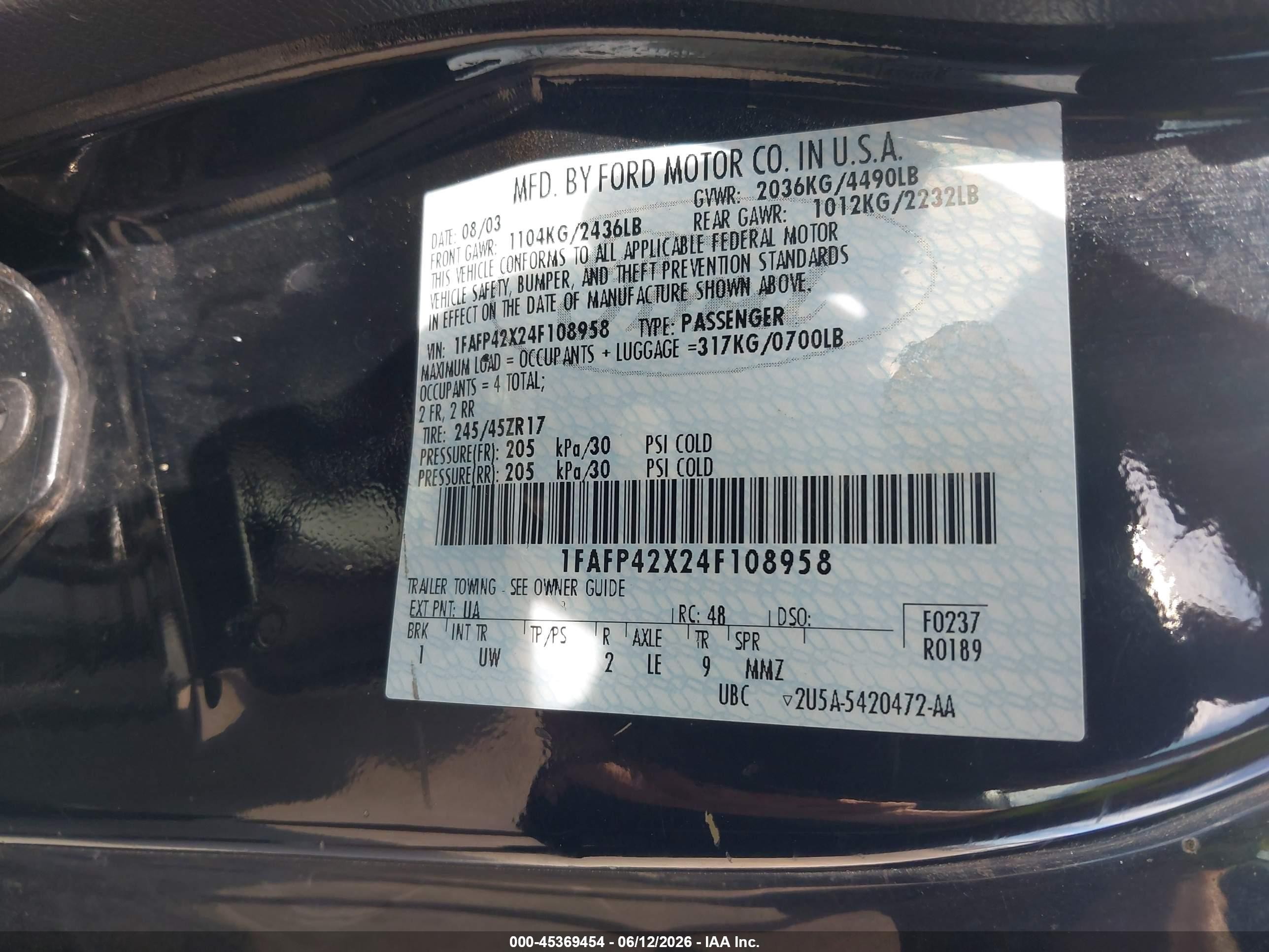 2004 Ford Mustang Gt Black vin: 1FAFP42X24F108958