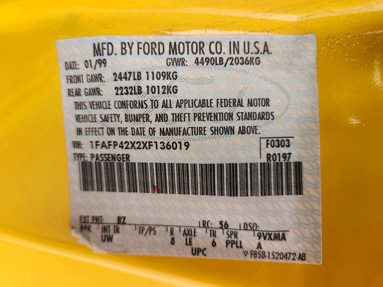 1999 Ford Mustang Gt Yellow vin: 1FAFP42X2XF136019