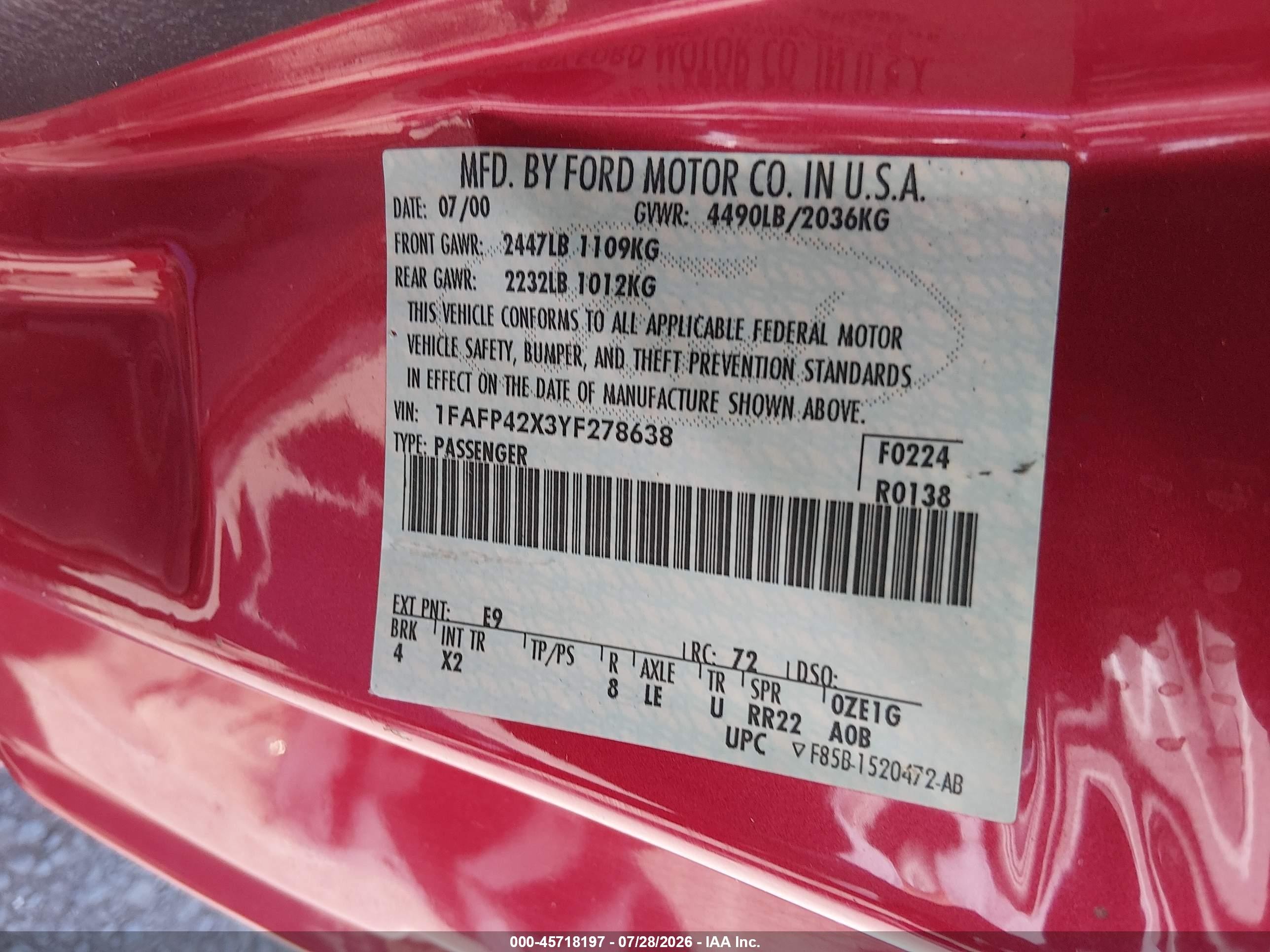 2000 Ford Mustang Gt Red vin: 1FAFP42X3YF278638